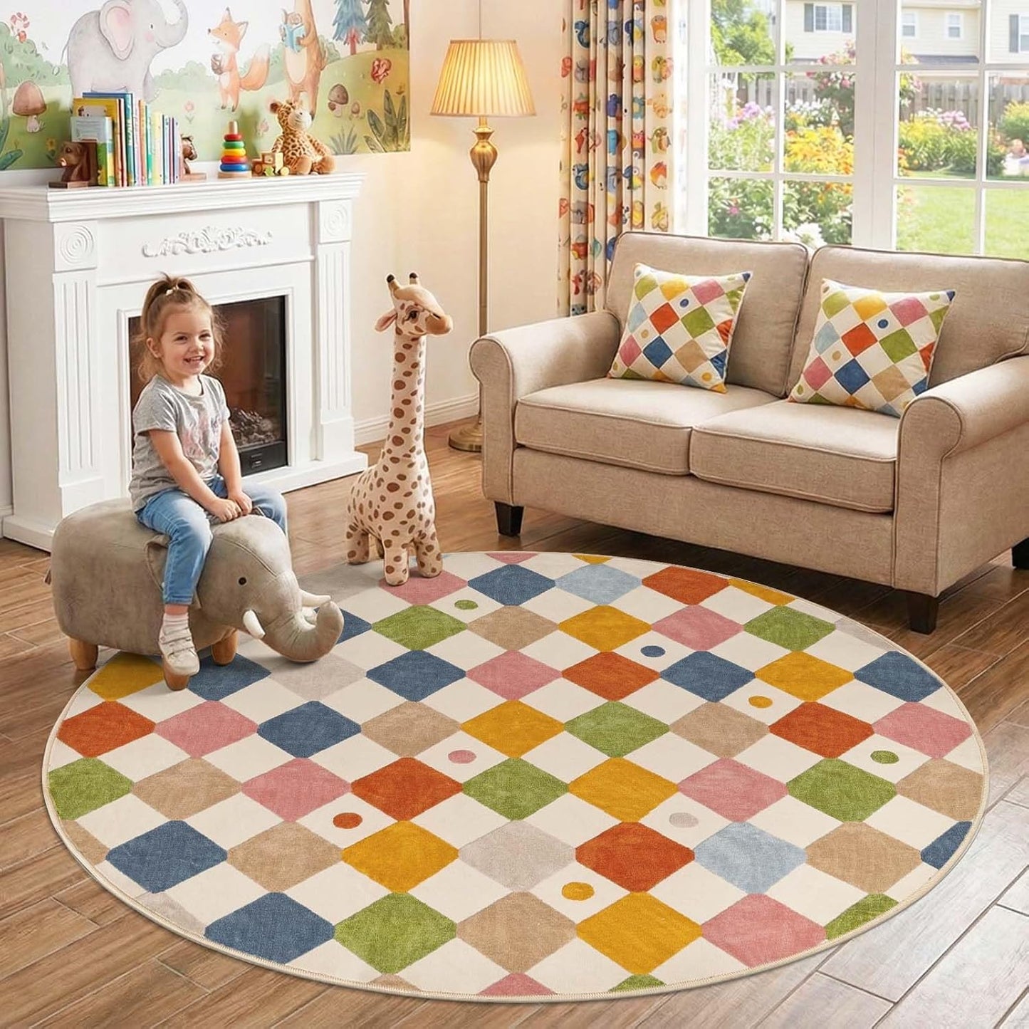 jinchan Macy 6ft Kids Round Rug for Classroom Modern Colorful Checkered Diamond Playroom Rug Indoor Washable Soft Non Slip Carpet for Nursery Living Room Bedroom Daycare Circus on Cream