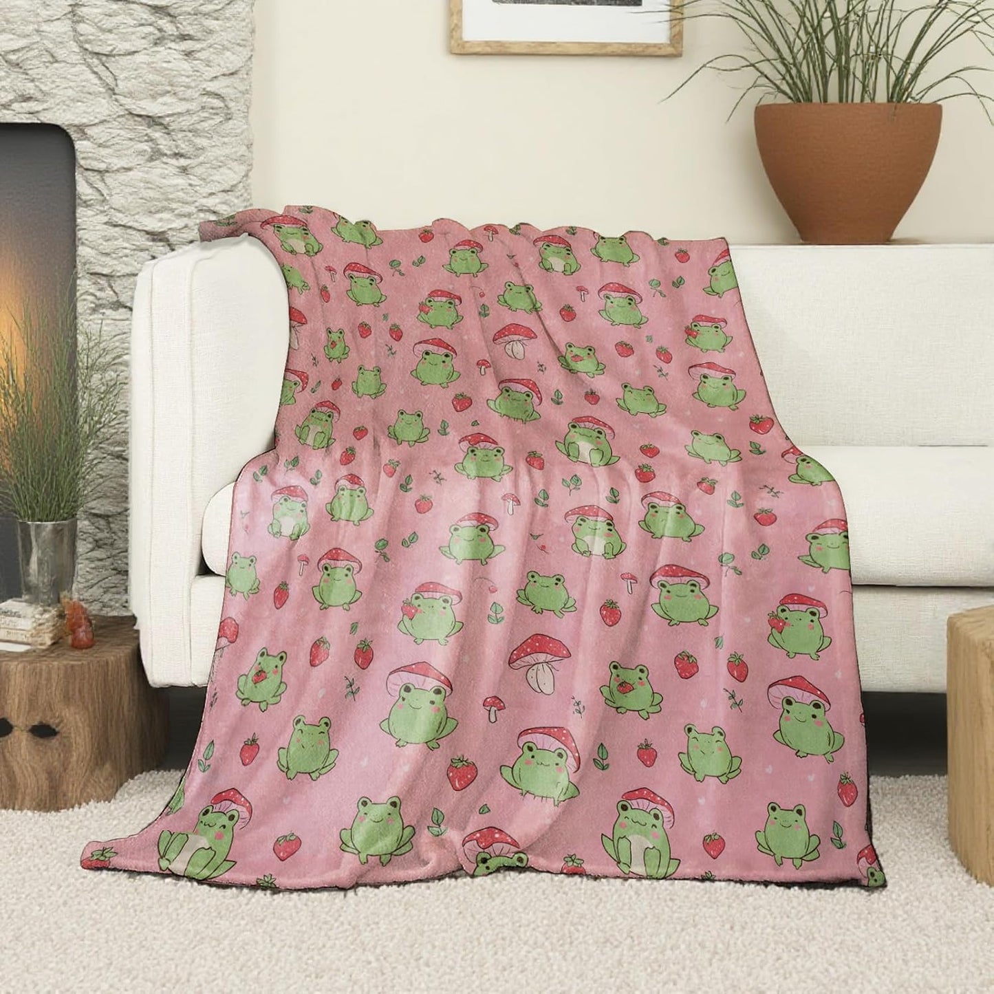 Cute Cartoon Frog Strawberry Mushroom Blanket, Soft Cozy Lightweight Pink Kawaii Throw Blanket for Women Kids Girls, Sofa Couch Bed 50x60 Inch Flannel Animal Blankets for Travel Decor Gifts