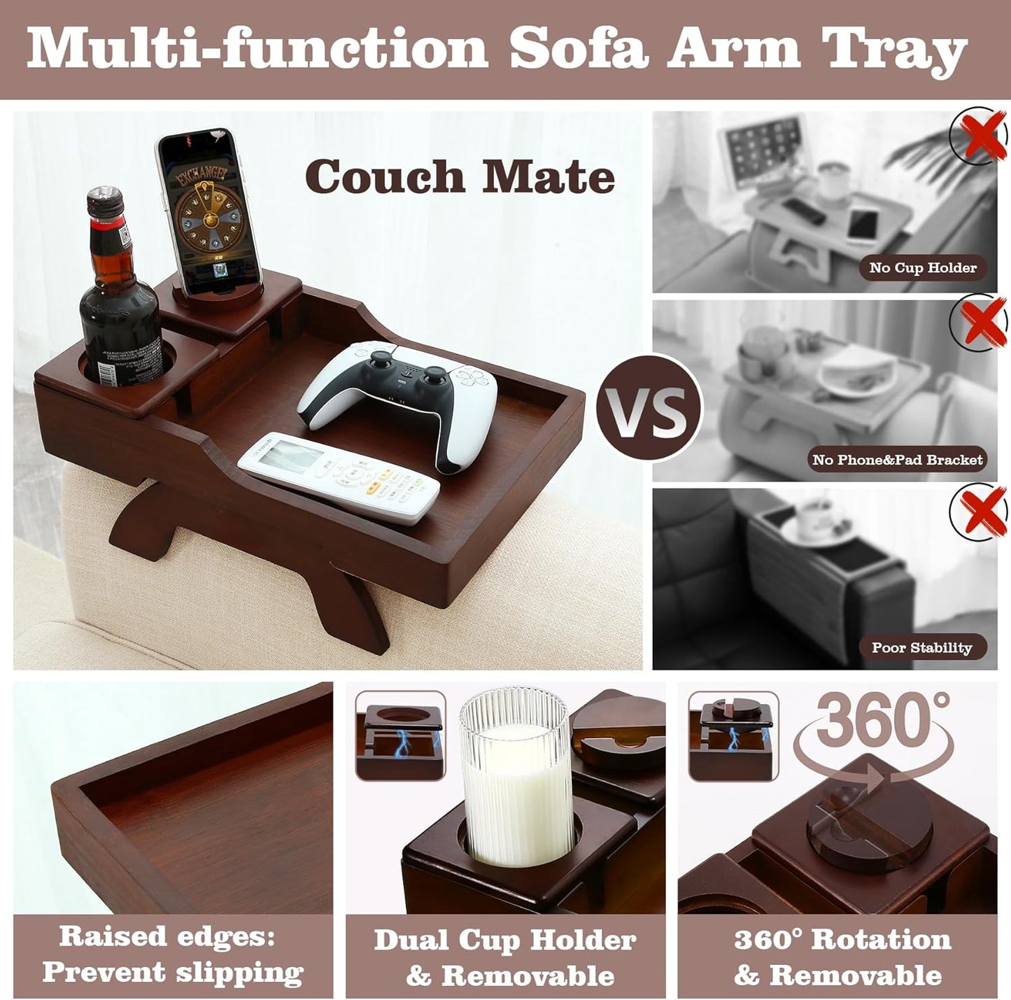 Couch Cup Holder Tray, 15.4"x9.9" Large 4 in 1 Couch Armrest Table with 360°Rotated Phone Holder, Non-Slip Clip on Side Table for Drinks/Remote/Snacks, Ideal Gift for Husband, Wife, Parents