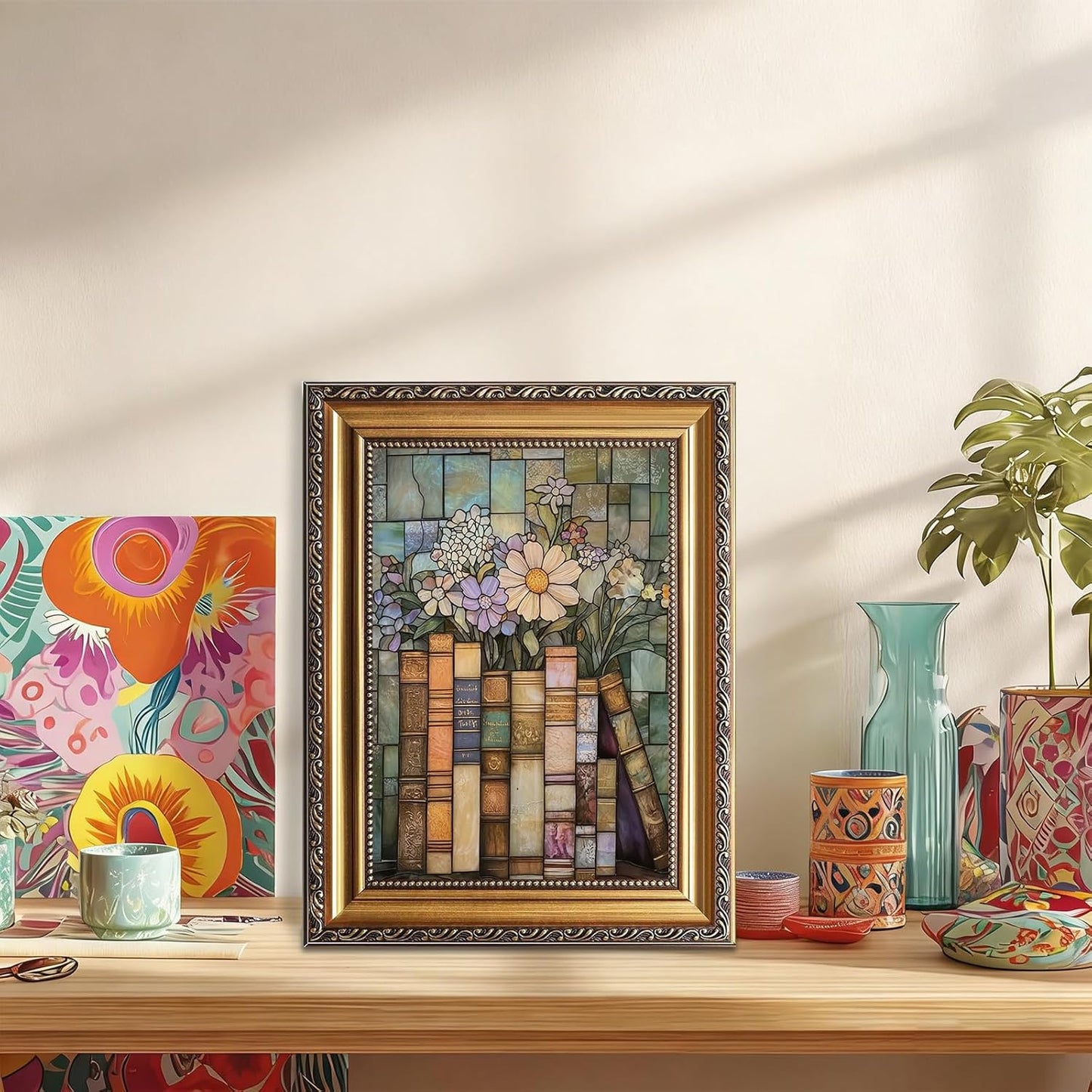 KBKBART Vintage Gold Framed Book Wildflower Wall Art Moody Stained Glass Book Lover Wall Decor Painting Poster Canvas Prints for Bedroom Living Room Office 9x12 inch