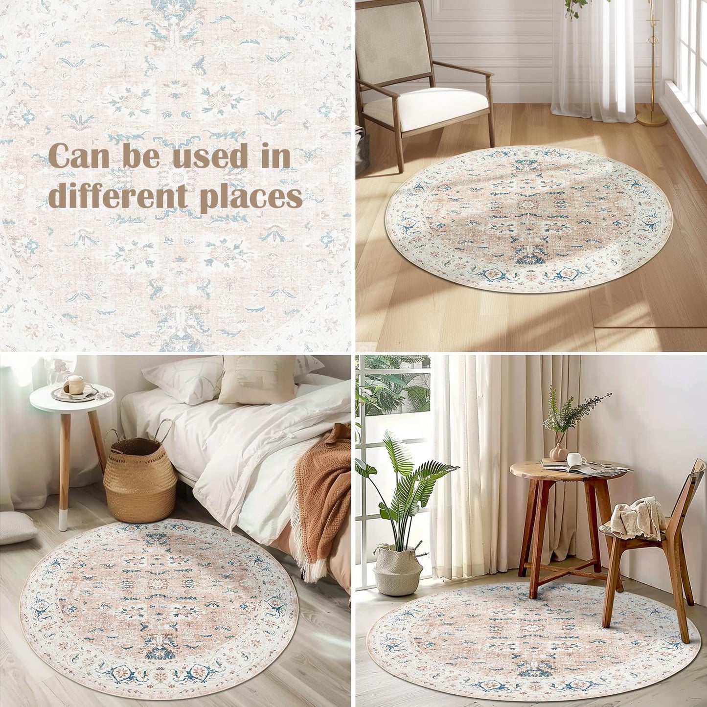 jinchan Round Rug 4ft Area Rug - Washable Boho Vintage Floral Circle 4' Round Floor Cover Lightweight Low Pile Thin Throw Non-Slip Carpet for Kitchen Living Room Bedroom Dining Room Office Pink Blush
