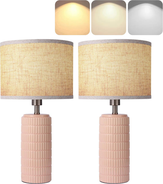 Set of 2 Modern Ceramic Table Lamps for Bedroom – Beige and White Nightstand Lamps with Fabric Shades, Farmhouse Bedside Lamps for Living Room, End Table Lamps for Reading (Pink, 23“)