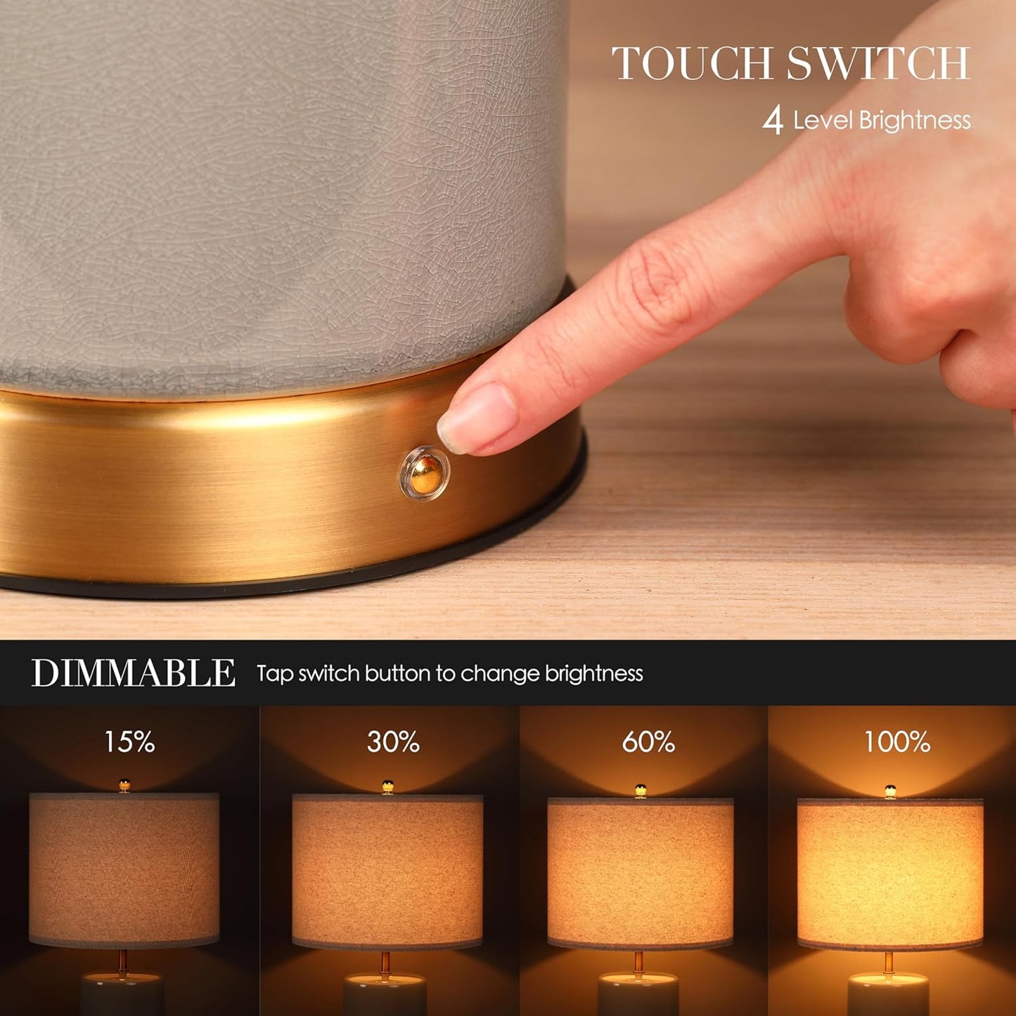 O’Bright Dune - Battery Powered Table Lamp, Rechargeable Cordless Ceramic Lamp, Full-Size 24 Inch Height, 4-Level Dimming, Smart Safety Protection, Type-C Fast Charging, LED Bulb Included, Stone Grey