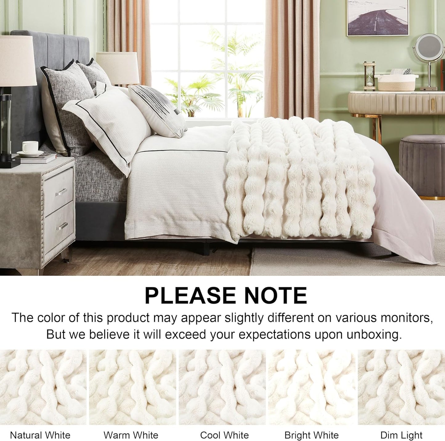 DREAMNINE Soft Faux Bubble Rabbit Fur Throw Blanket for Couch, Thick Cozy Decorative Warm Fuzzy Fur Blanket for Sofa Chair Bedroom Living Room Dorm Gift, 50 * 60 Inches, Cream White