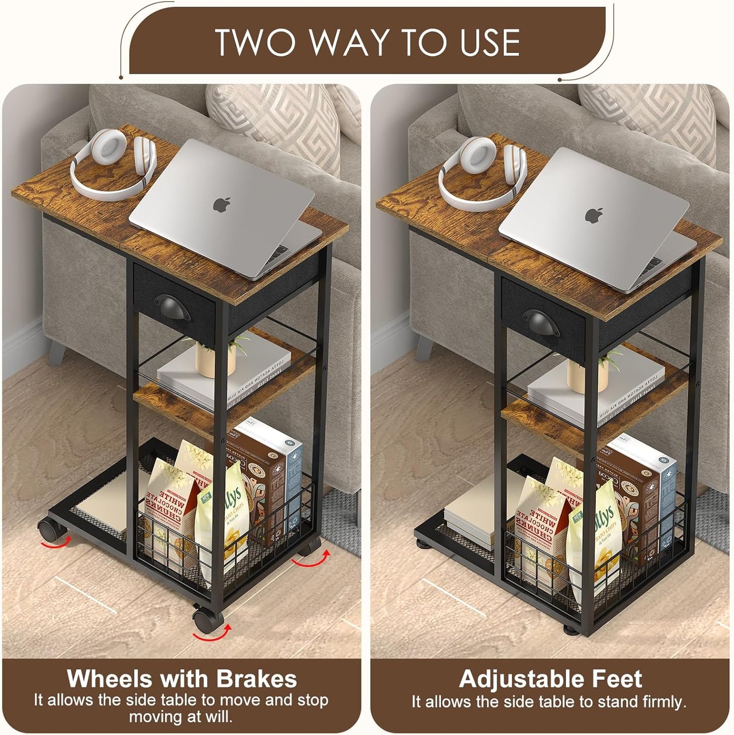 3-Tier C-Shaped End Table with Drawer — 360° Rotation, Wheels, Space-Saving TV Tray for Living Room / Bedroom