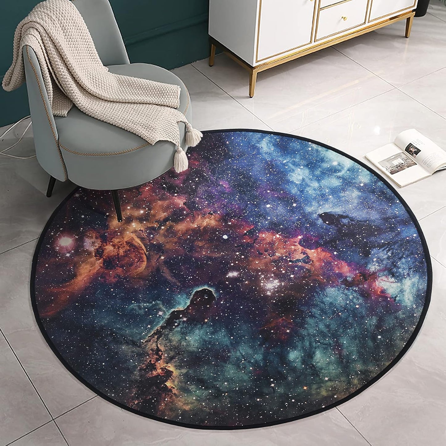 Fancytan Galaxy Rug, Universe Space Nebula Star Starry Night Moon Cloud Round Rugs Large for Living Room, Space Themed Bedroom Decor, Universe 4'11" (Round)