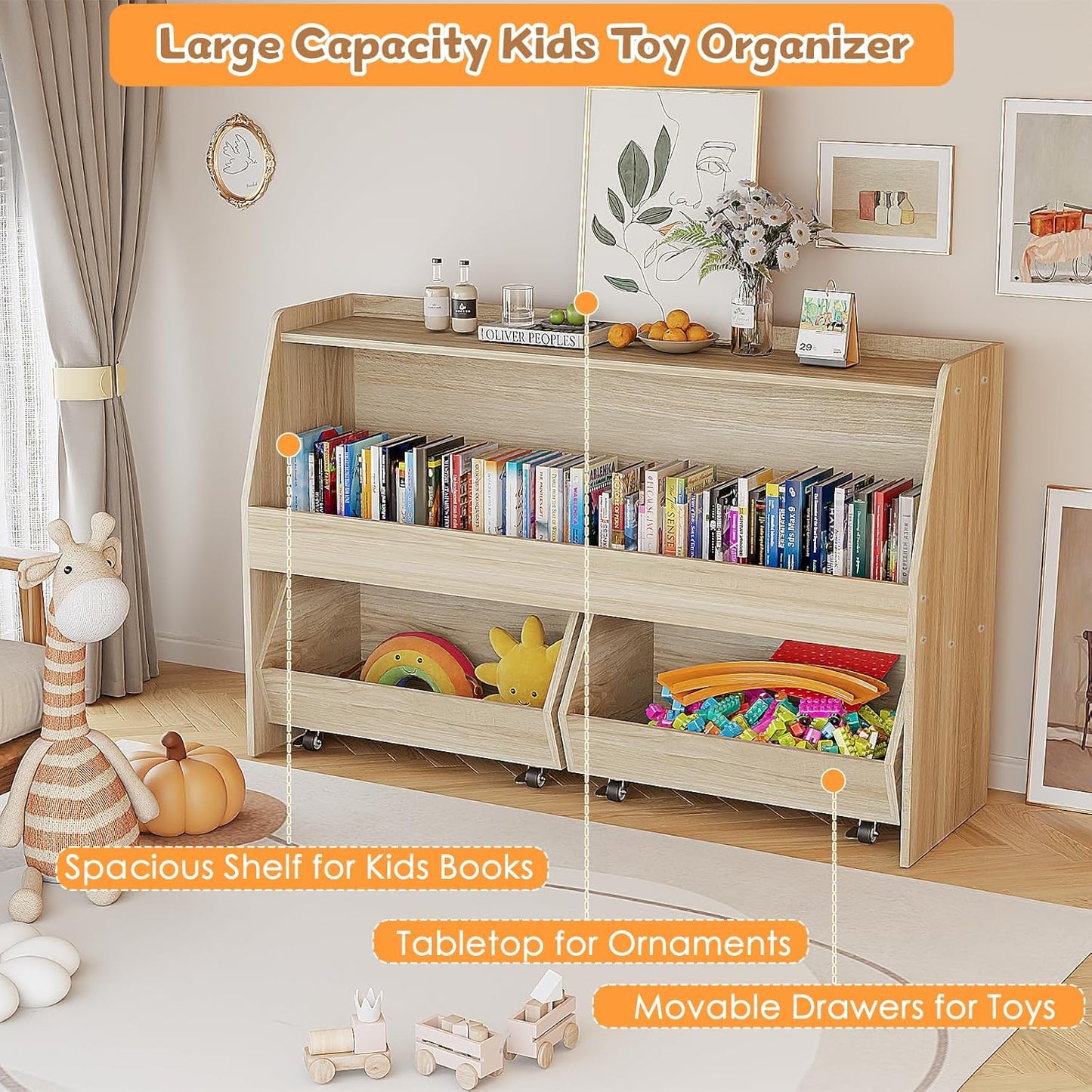 COZPAW Toy Storage Organizer, 2 Tier Montessori Shelf with Movable Bins (Wood)