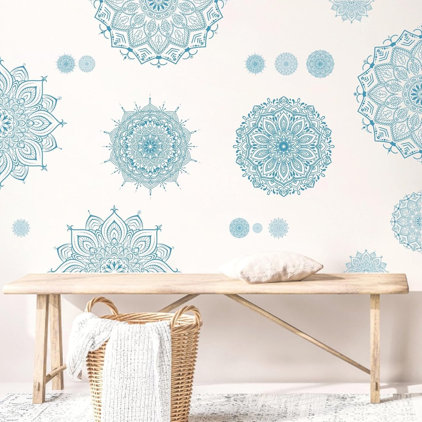 Blue Mandala Wall Stickers Large Mandala Wall Decals Peel and Stick Lotus Flower Stickers Headboard Art Decoration Modern Blue Art Decals for Living Room Bedroom Yoga Decor