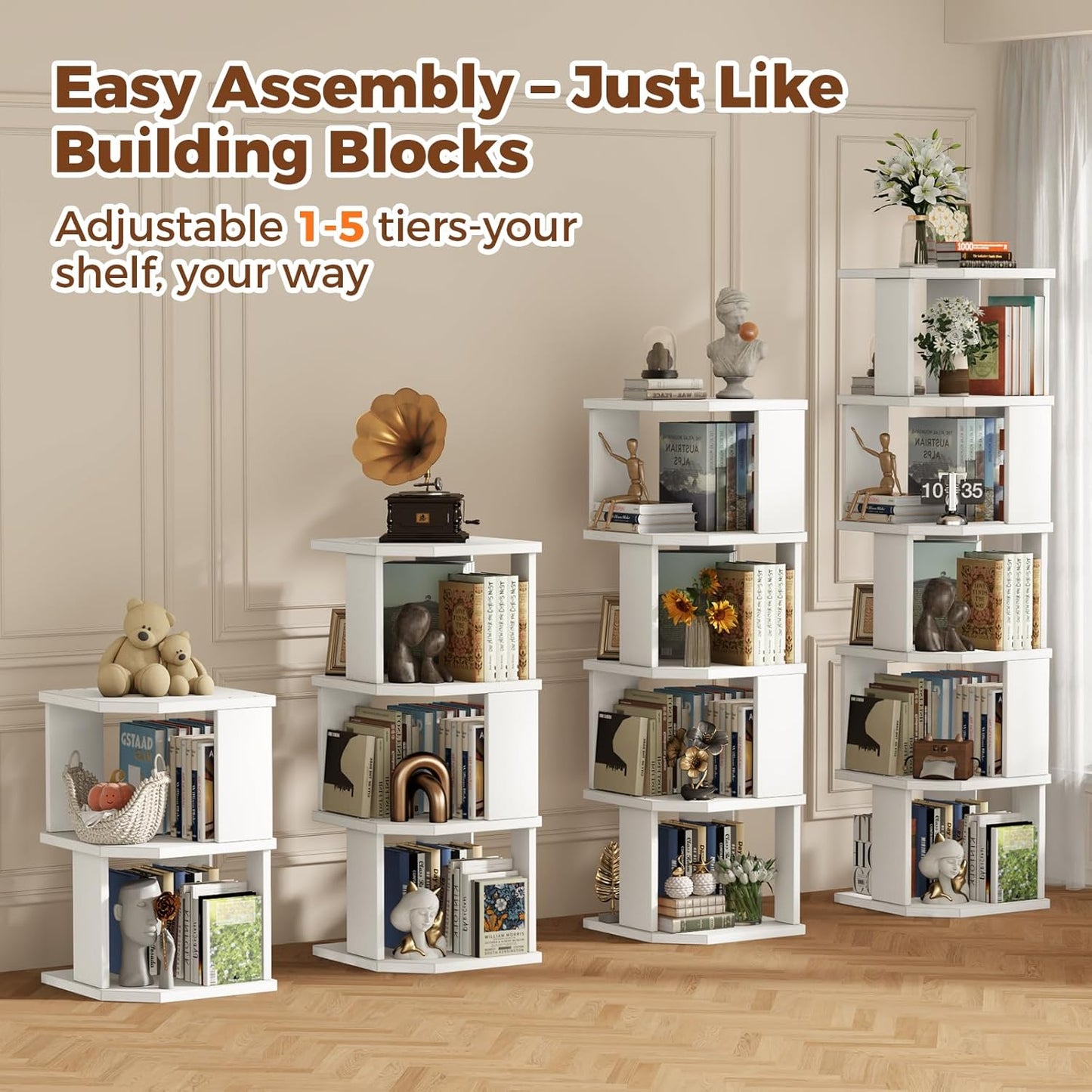 5 Tier Square Bookshelf Tower, Floor Standing Corner Bookshelf Modern Organizer Storage Display Rack for Home Office Living Room Study, Small Spaces