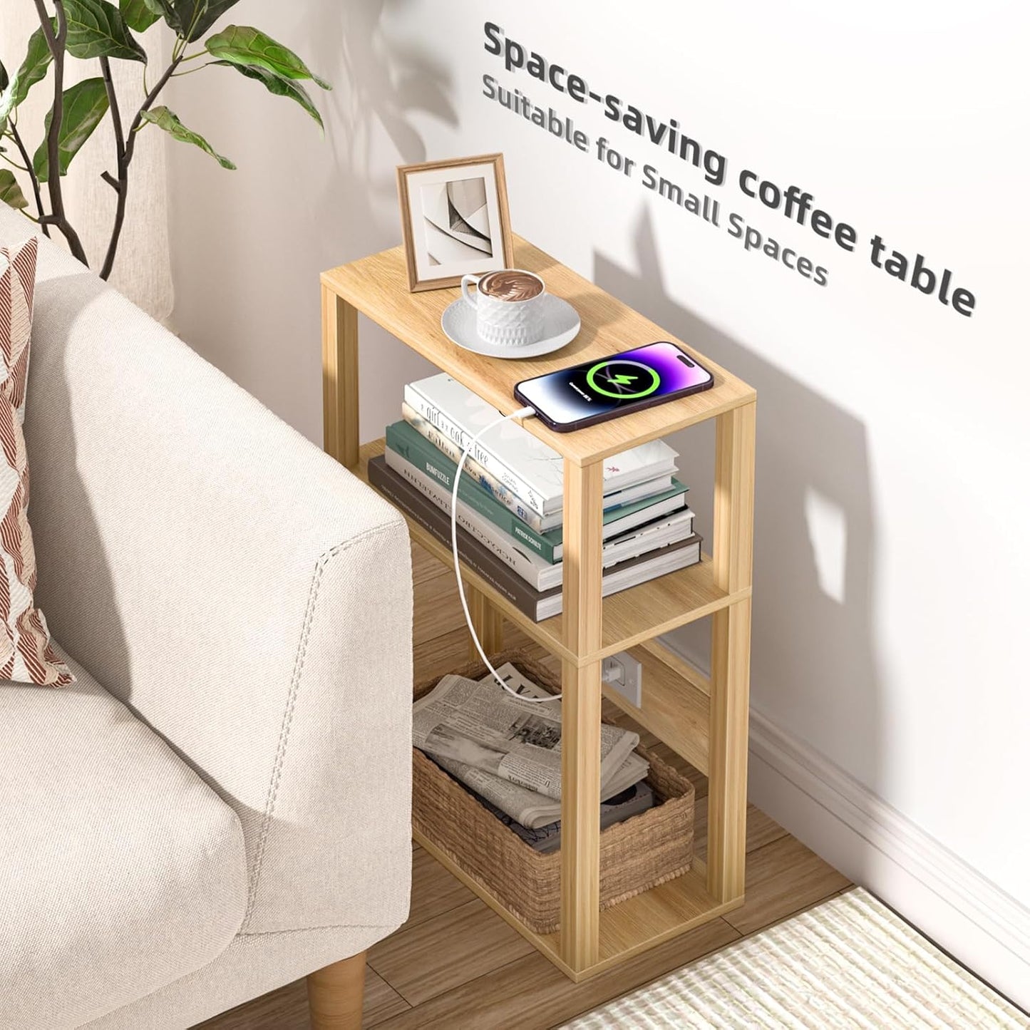 3 Tier Small Narrow Bamboo Side Table Set of 2 with Charging Station - Skinny Nightstand for Small Spaces, Slim Bedside Table with USB Ports and Outlets - Thin End Table with Storage, Natural