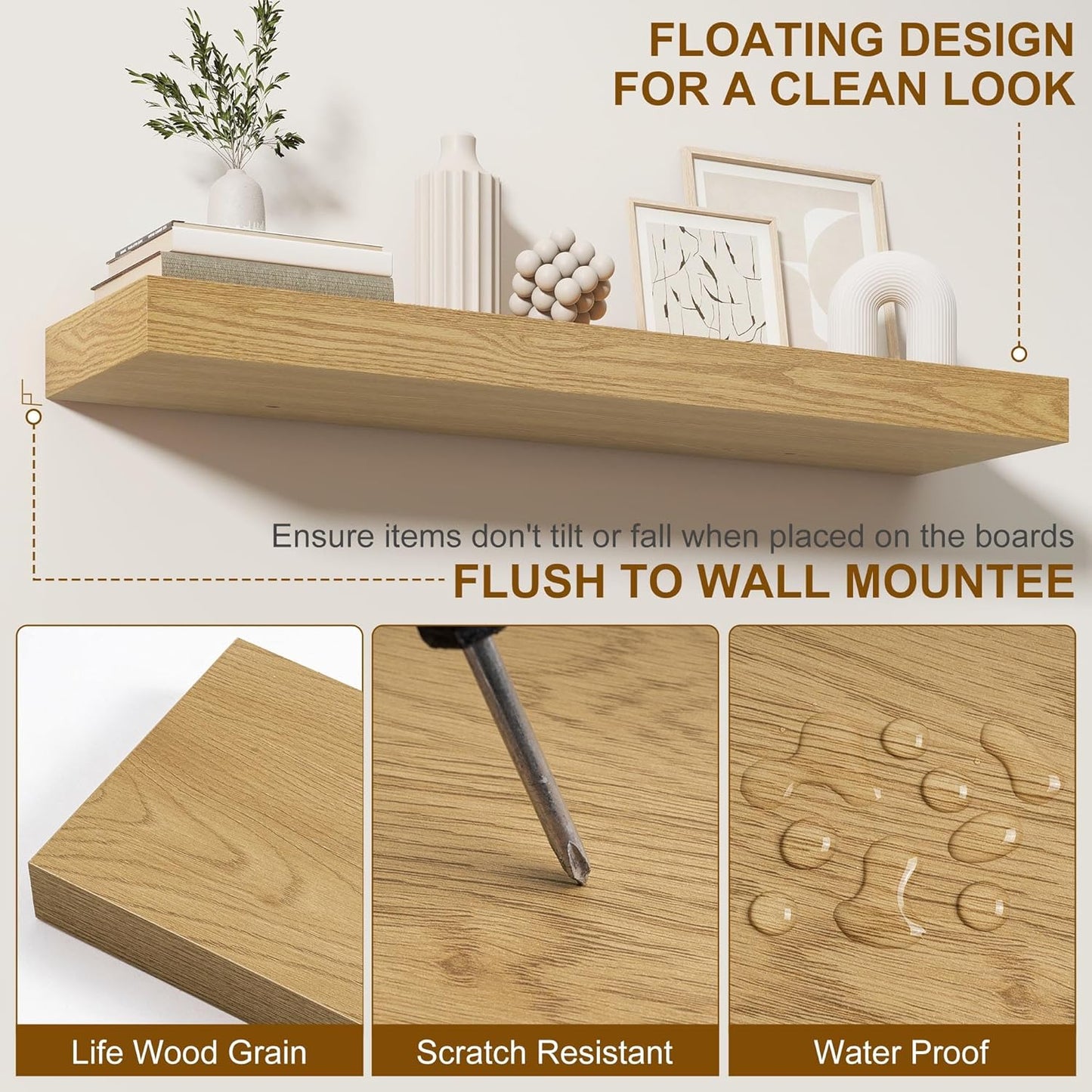 Fun Memories 30Inch Floating Shelves for Wall, 2 Pack Rustic Wood Shelves for Bathroom|Kitchen Wall Mounted Floating Shelf with Invisible Brackets for Books|Storage|Decor,Oak