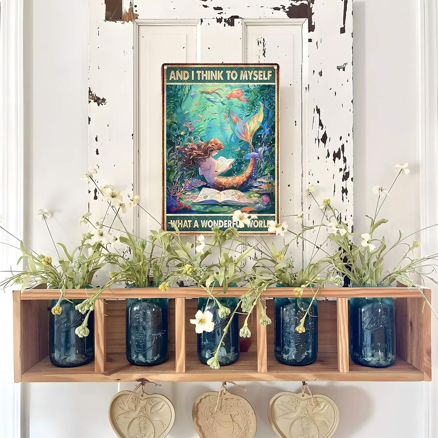 Mermaid Decor Poster Inspirational Wall Art for Teen Girls Bedroom Decor Aesthetic - What A Wonderful World, Tin Signs for Women 8X12 Inches