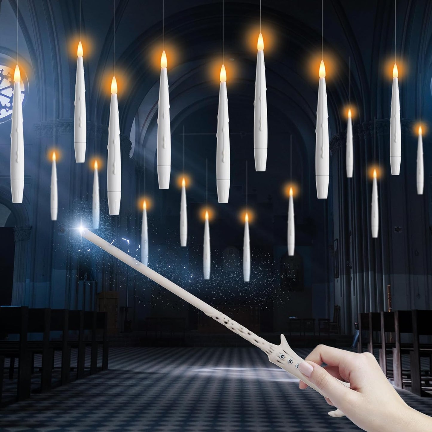 Magic Hanging Floating LED Candles - 12 PCS Battery Operated Electric Taper Candles for Halloween & Christmas Parties