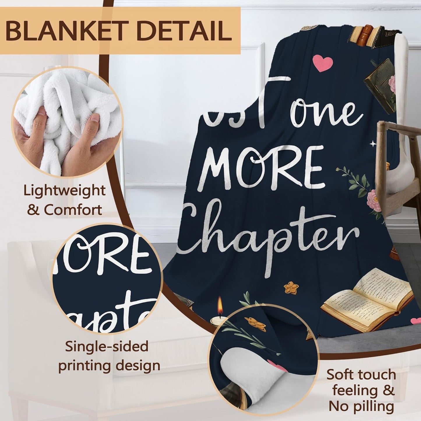 Reading Books Fall Throw Blanket,Navy Blue Cozy Plush Fluffy Blanket for Living Room Decor,Lightweight Fleece Throws for Couch,Bed,Traveling,Naps,Reading,50 X 60 Inch