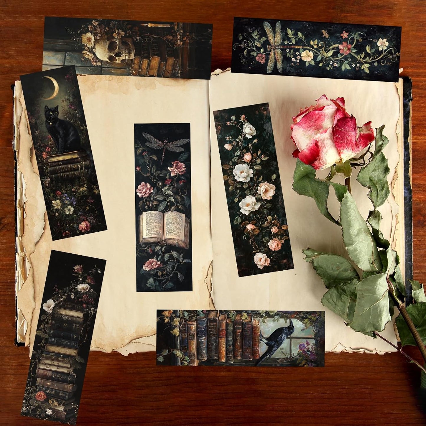 Dark Academia Bookmarks for Women - 100 Pcs Gothic Flower Book Mark Retro Aesthetic Bookmark Skull Dragonfly Plants Page Marker Clip Gift for Book Lovers Students Teachers Bookish Reading