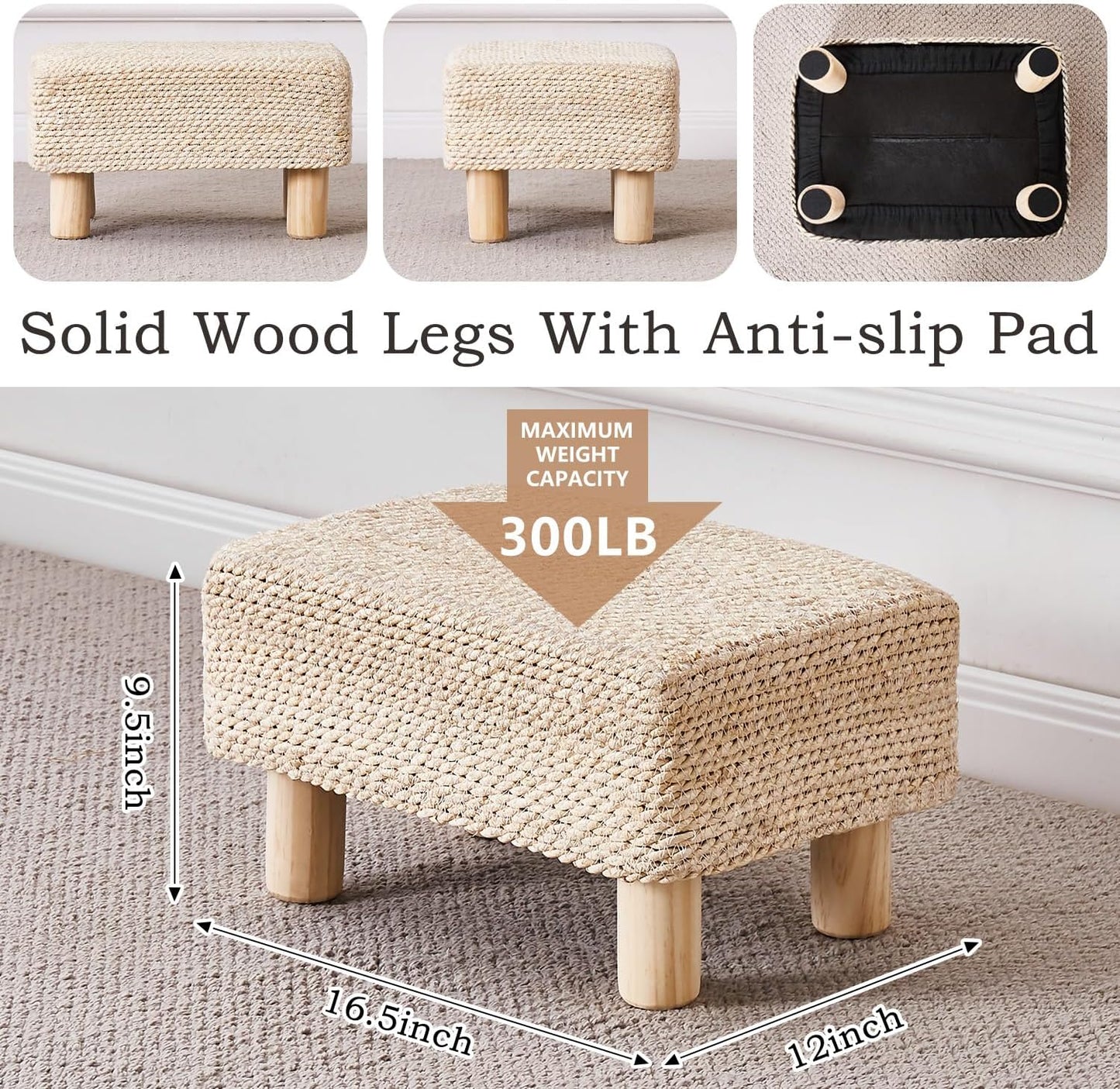 Wimarsbon Natural Seagrass Footstool Ottoman Rectangular Footrest Pouf Ottomans with Wooden Legs Hand Weave Step Stool for Living Room Bedroom Entryway Natural White