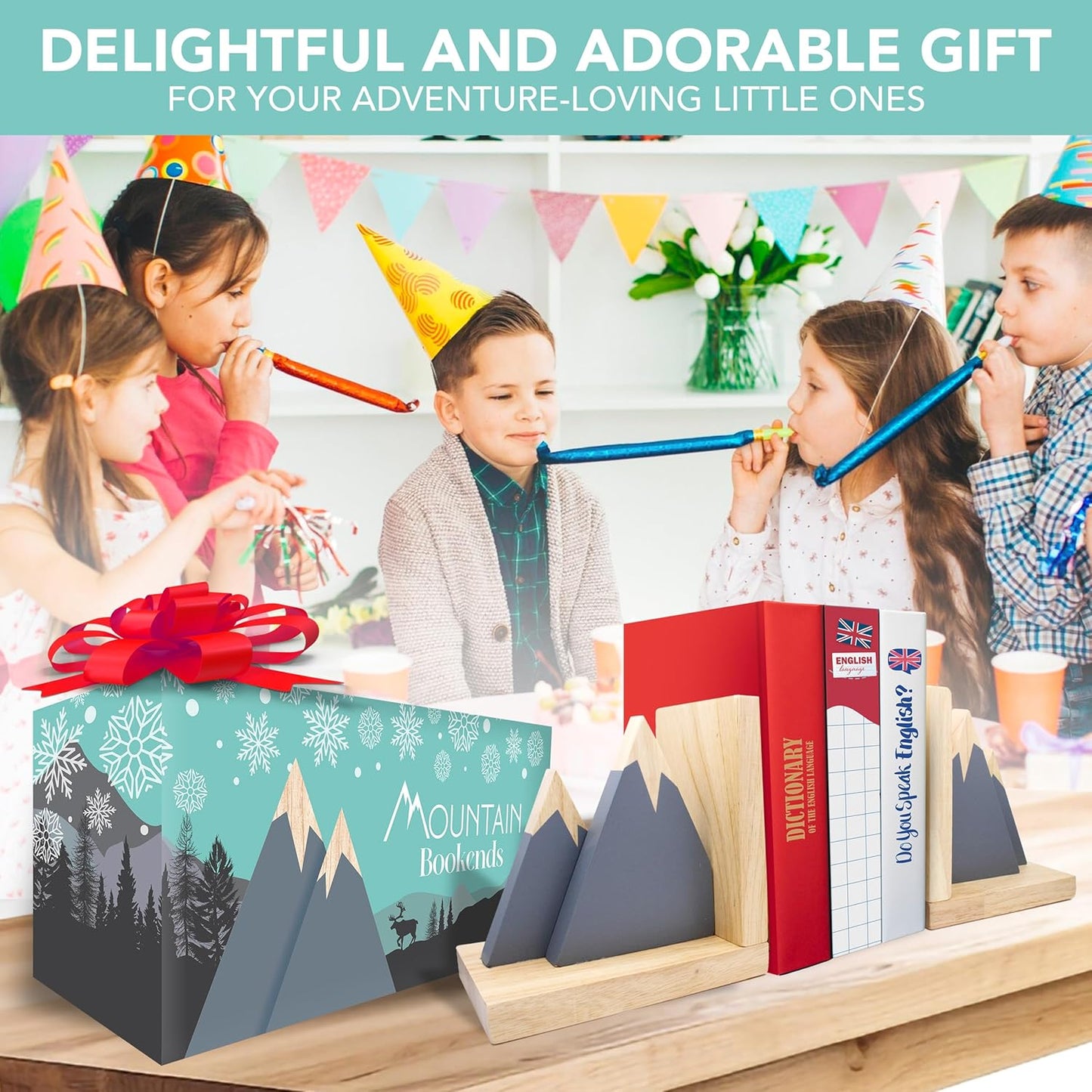 Decorably Gray Mountain Book Ends for Kids Books - 1 Set Non-Skid Wooden Decorative for Girls and Boys Room, Baby's Nursery, Classroom Decor
