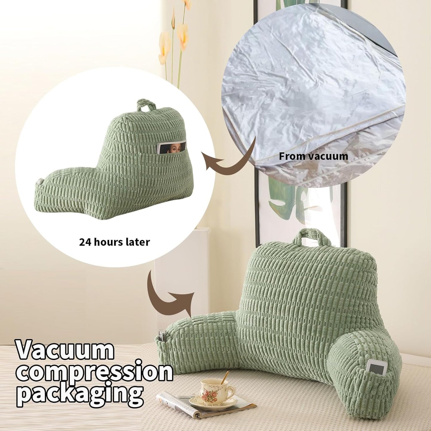 Reading Pillow for Bed,Large Backrest Reading Pillow with Arm Rest,Back Rest Support Cushion for Sit Up on Couch,Sofa,and Floor(Green Corduroy,Standard(17"))