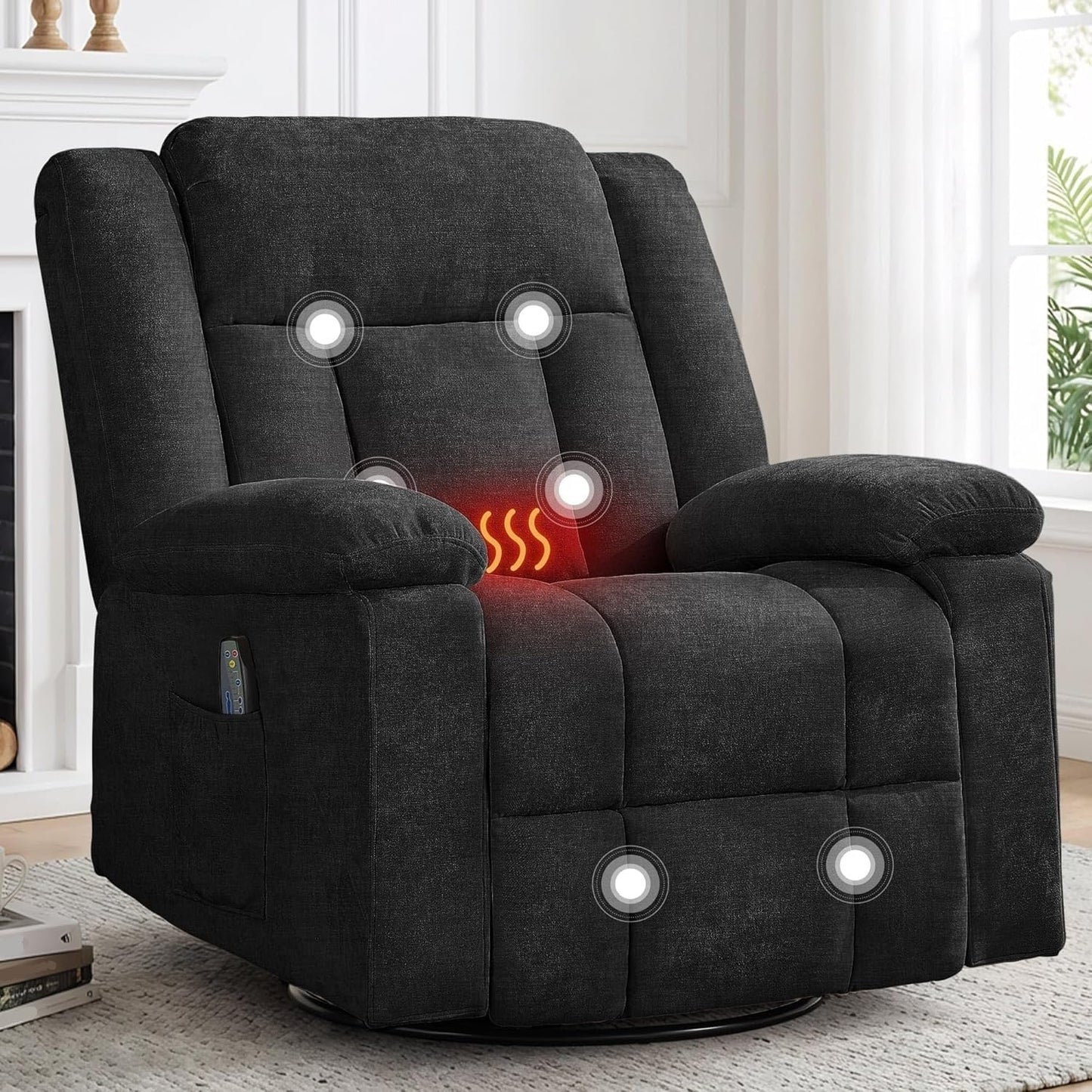 360 Swivel Rocker Recliner Chair with Massage and Heating Side Pockets Manual Reclining Chairs Remote Control for Living Room Bedroom Nursery
