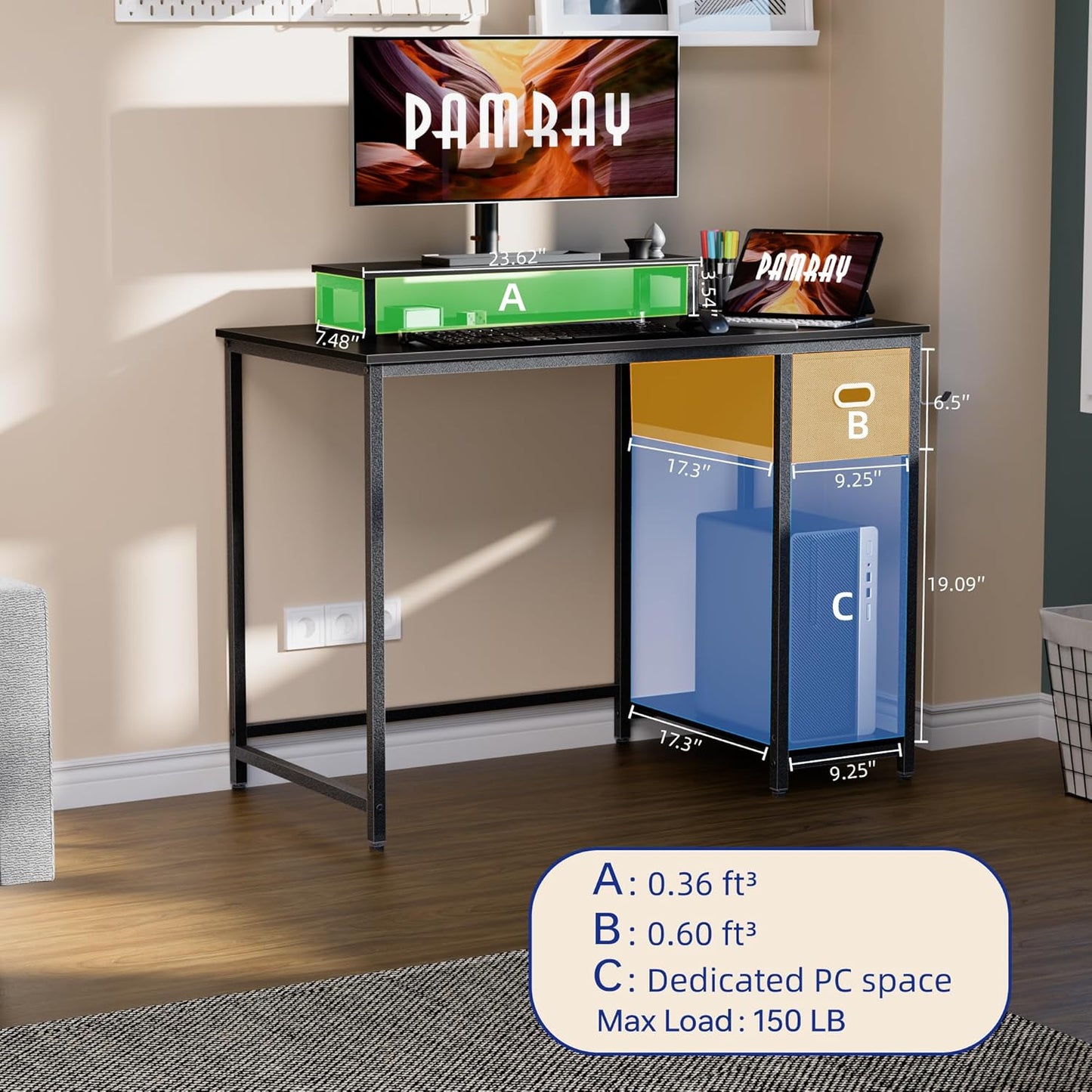 Pamray 99.9cm(39인치) 컴퓨터 책상, 모니터 스탠드 포함, 소형 홈 오피스 책상, 부직포 보관 서랍 포함, 침실, 스터디 테이블, 글쓰기 및 작업 책상용, 오렌지