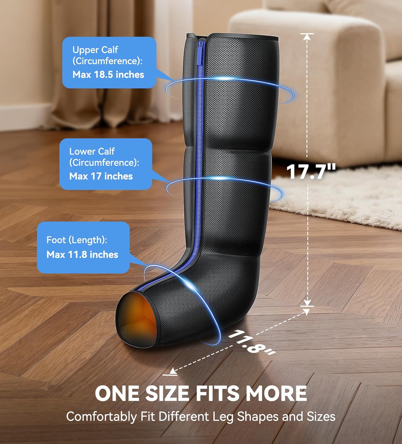 Leg Massager with Heat, Foot and Calf Air Compression Massager with 6 Modes & 9 Intensities, 3-Level Heating, LED Display, Timer, Zipper Design, Home Relaxation for Tired Feet & Calves, Charcoal Black