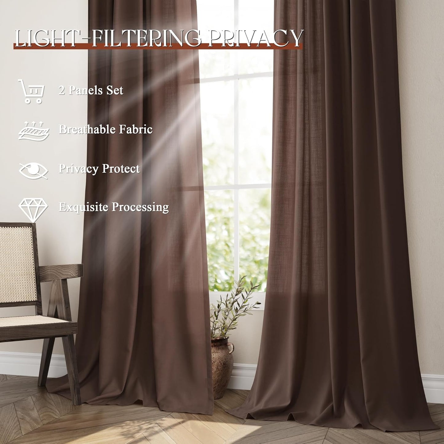 Coffee Linen Curtains 84 inch Length 2 Panels Set Modern Farmhouse Living Room Drapes Light Filtering Rod Pocket Back Tab Filtering Privacy Semi Sheer Curtain 84 inches Long