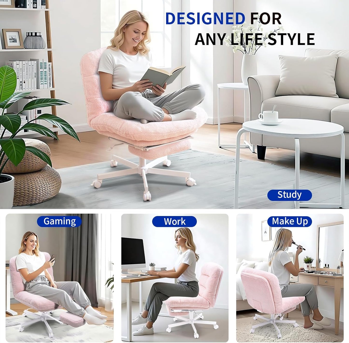 Wide Cross Legged Office Chair with Footrest, 400LB Capacity, Rocking, Height Adjustable, Locking Wheels & Armless. Ideal for Work, Gaming, Reading, Makeup - Teddy Plush Pink
