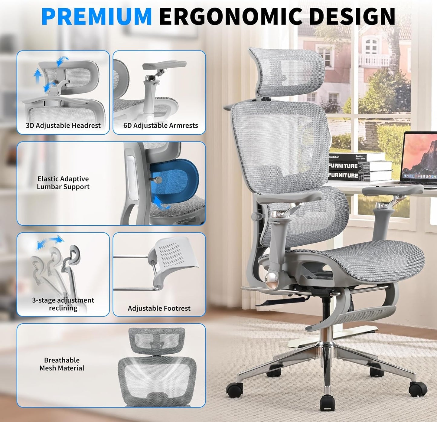 Mesh Ergonomic Office Chair with 6D Armrests,High Back Mesh Gaming Chair with Lumbar Support,Adjustable 3D Headrest for Home Office Desk Chair (Executive, Grey)