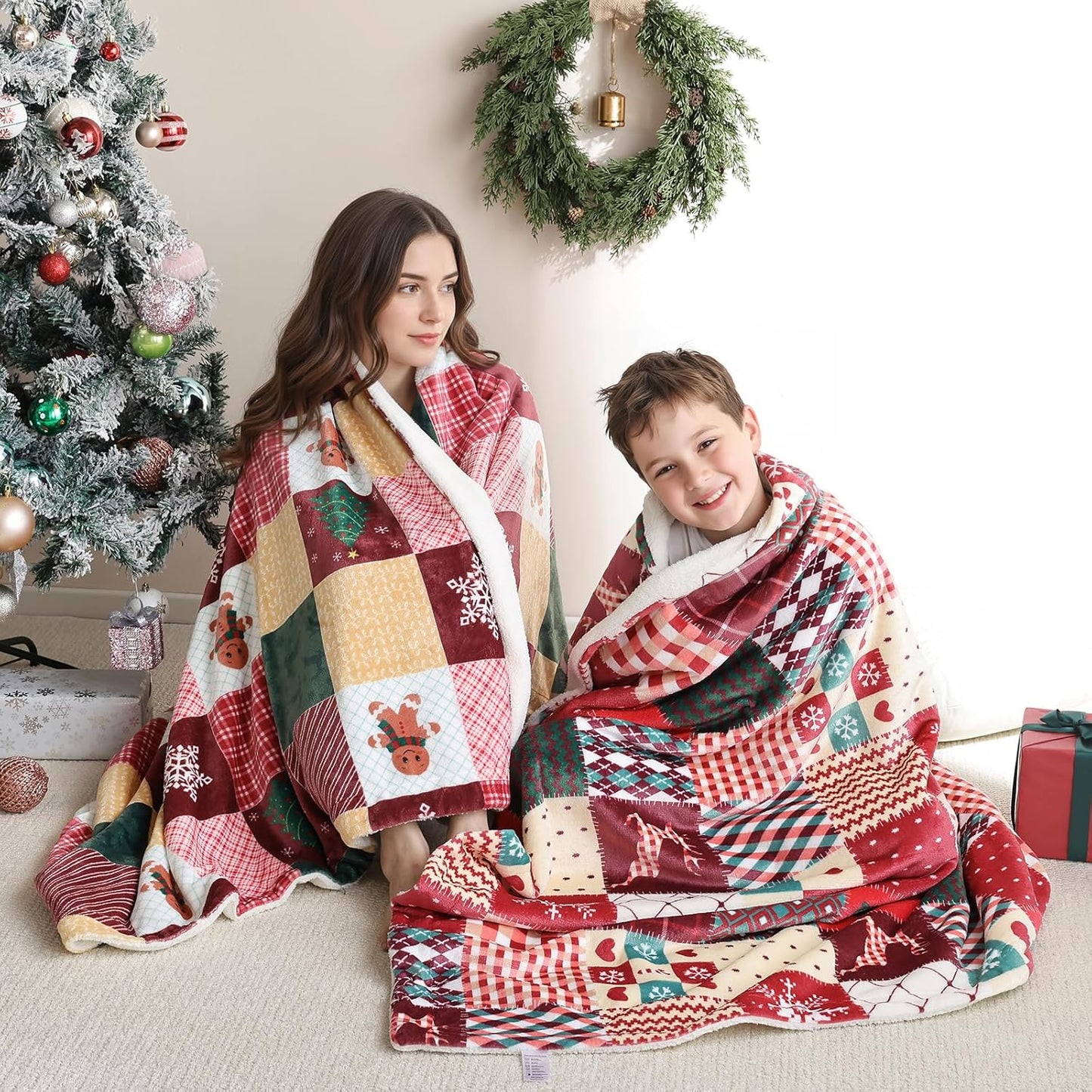 TRUEDAYS Christmas Throw Blanket 50x60 - Fluffy Sherpa Fleece Blanket for Couch & Bed, Cozy Soft Plaid Gingerbread Xmas Tree Blanket - Classic Checkered Snowflake Christmas Decor