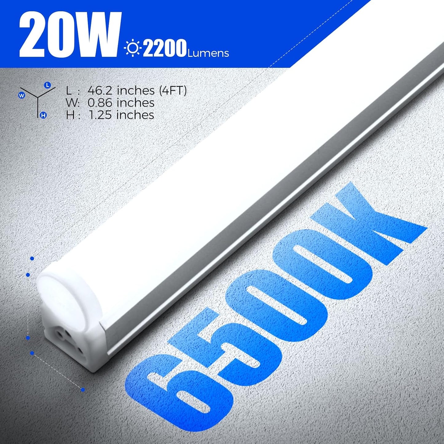 Barrina T5 4FT LED Shop Light, 2 Pcs Power Cords 6500K Super Bright White 2200lm 20W Utility Light Fixture, Ceiling Commercial Bay Light for Workshop Garage, Corded Electric with ON/Off Switch, 6 Pack