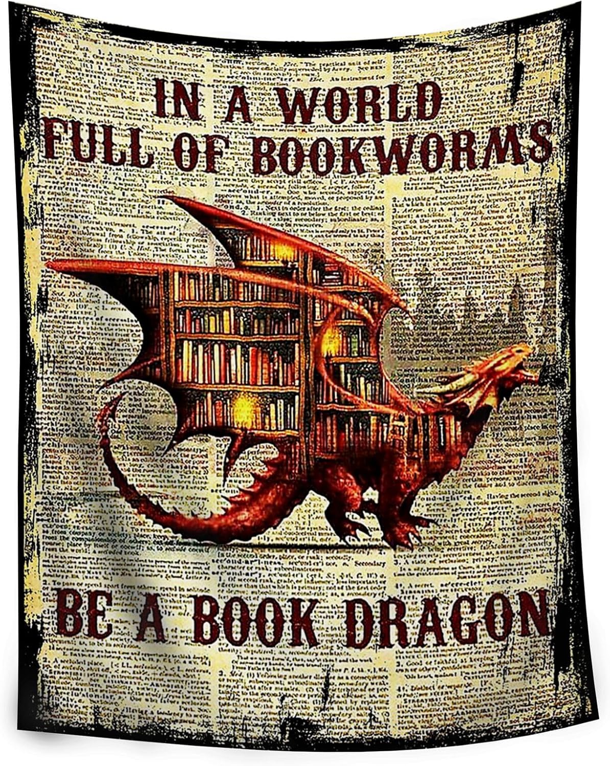 Book Dragon Fleece Blanket Cozy Throw for Book Lovers, Vintage Dragon Design on Text Background, Warm and Soft Reading Blanket for Home, Couch, or Bed (L80 xW60)