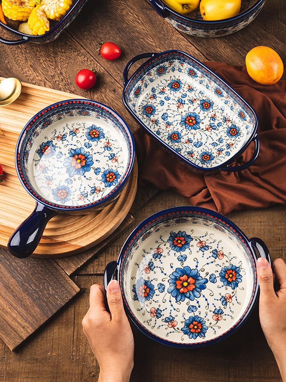 Blue and Orange Flower Vintage Style Ceramic Bakeware Casserole Dish Baking Pan Lasagna Pans with Handles for Oven/Cooking/Kitchen-1 PCS-22 OZ