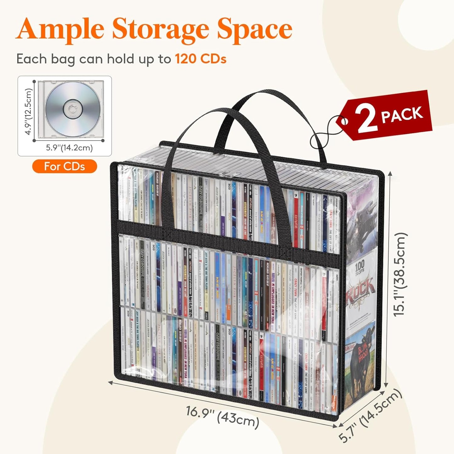 Lifewit CD Storage Bags, Clear PVC Plastic CD Organizer Box with Carrying Handles and Zipper, Stackable Media Case Bins Portable for CDs, Albums, Hold up to 240 CDs (120 Each) 2 Pack