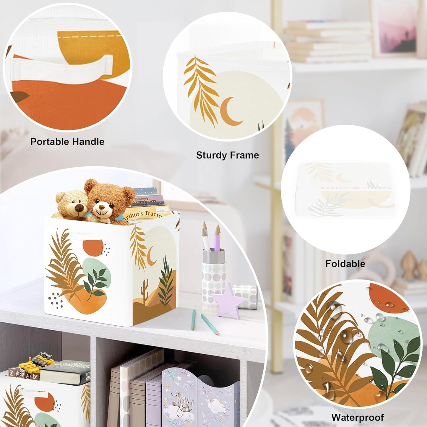 11.8" Boho Leaves Storage Cube Organizer Mid Century Modern Clothes Storage Basket Bin for Closet Shelf Art Abstract Geometry Nursery Kid Room Book Toy Chest, 3Pcs