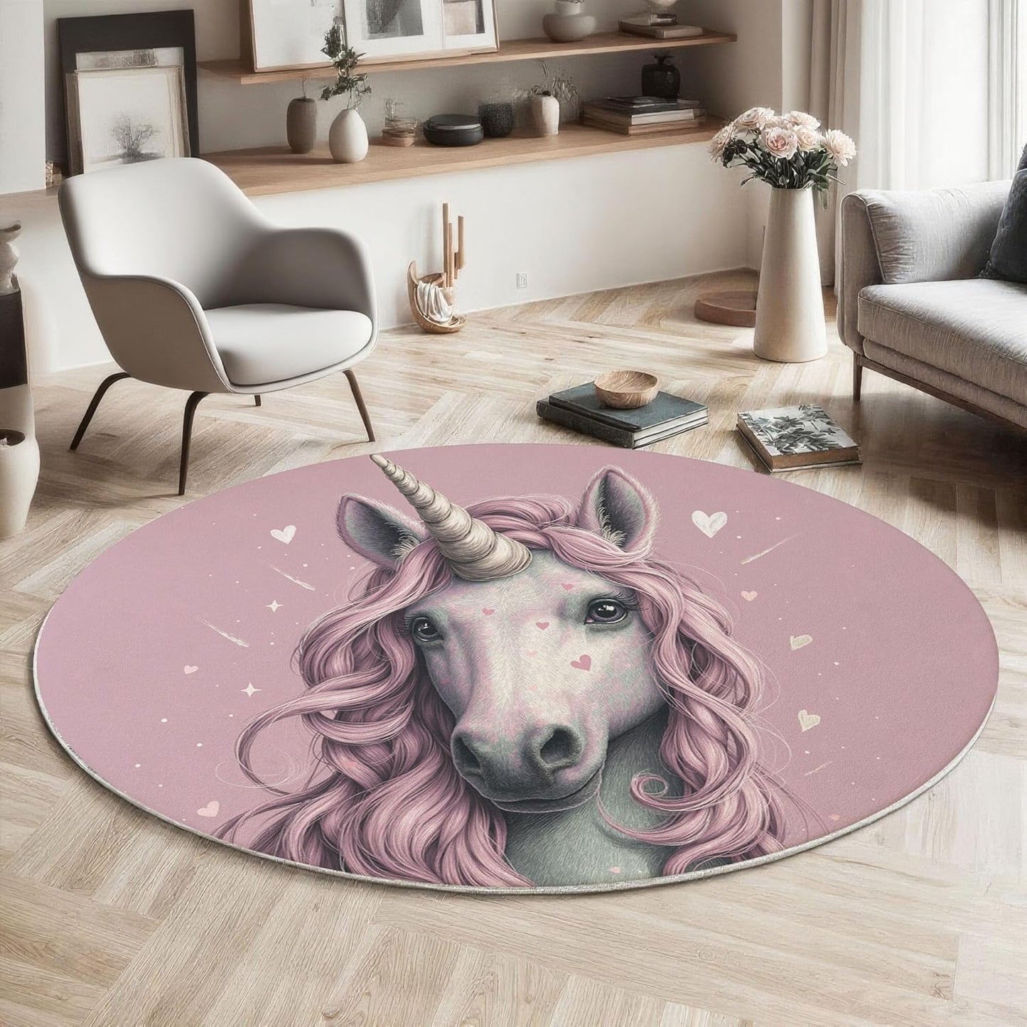 Cute Heart Unicorn Round Rugs 4Ft, Animal Poster Round Living Room Area Rug, Washable Large Soft Circle Rug for Bedroom, Non Slip Ultra Thin Floor Carpet for Dining Room, Pink