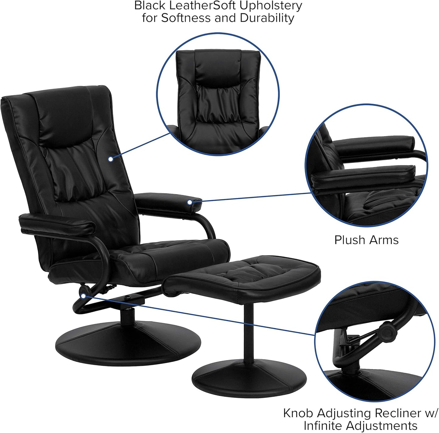 Flash Furniture Rachel Contemporary Multi-Position LeatherSoft Recliner Chair with Ottoman, 360-Degree Swivel Recliner Chair and Ottoman Set, Black
