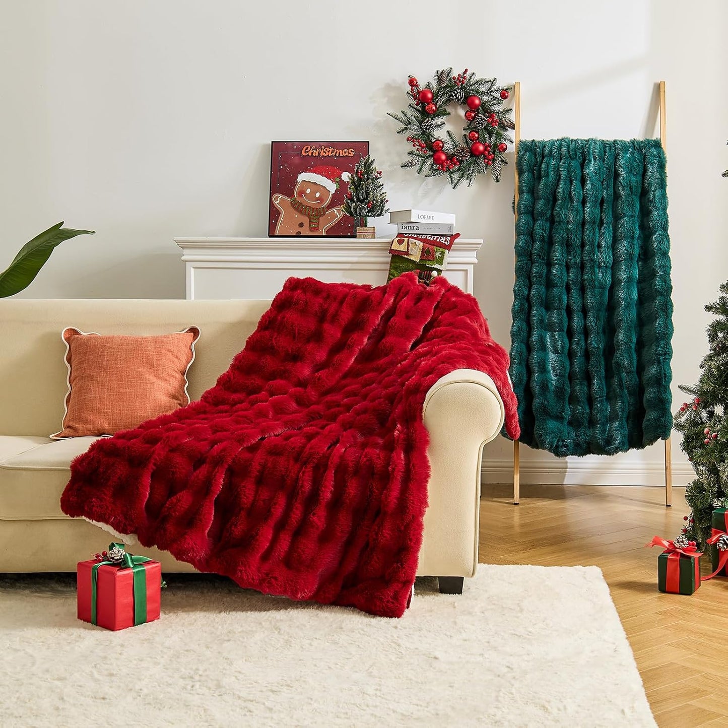 Heated Blanket Electric Throw Blanket 50''X 60''-Heating Blanket with 6 Heat Settings-4 Hours Auto Off,Cozy Faux Rabbit Fur Bubble Electric Blanket,Red