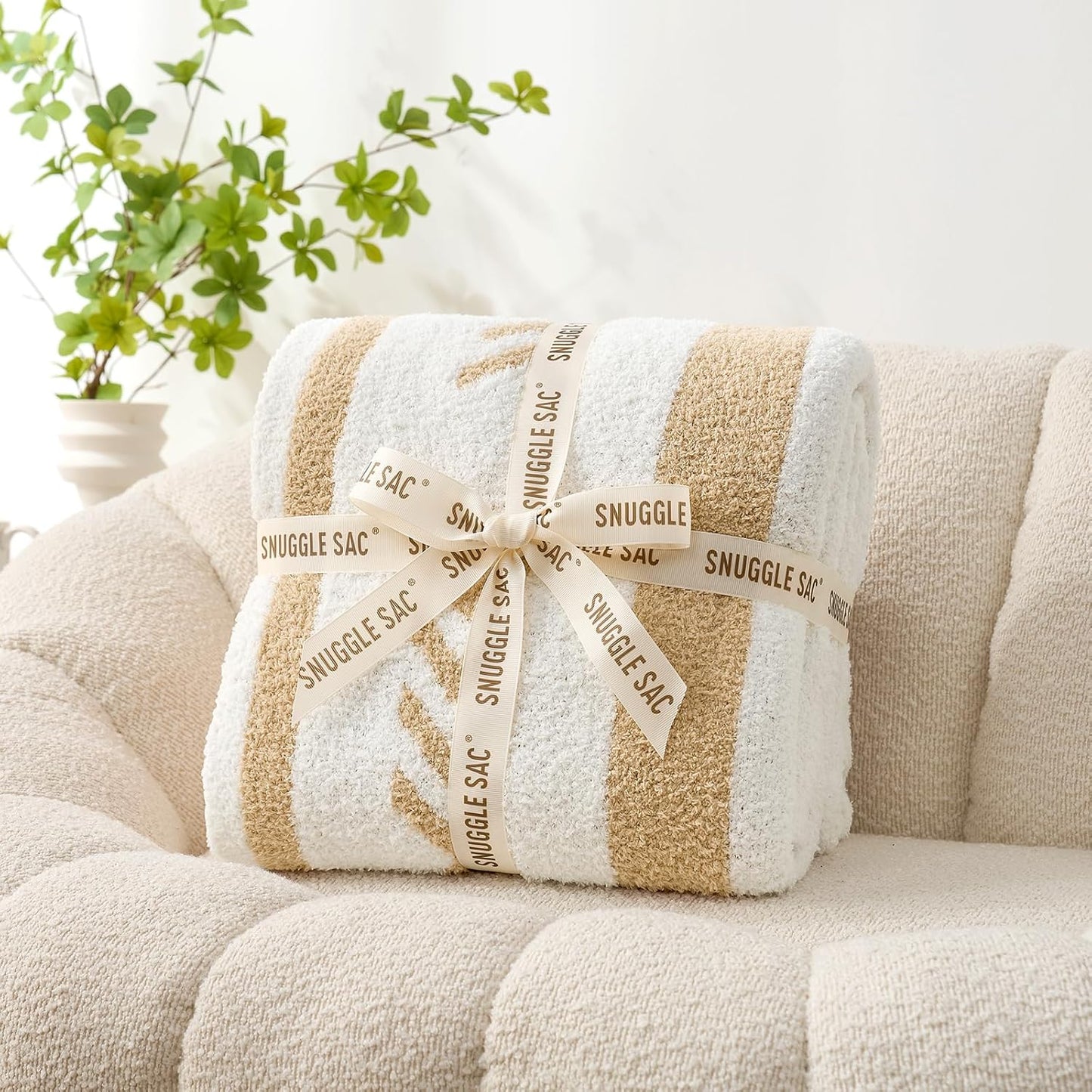 Snuggle Sac Beige Boho Throw Blanket, 50x60 Soft Reversible Fuzzy Knit Throw for Couch, Sofa, Bed, Travel, Cozy Plush Microfiber Blanket for Neutral Home Decor & Gifts