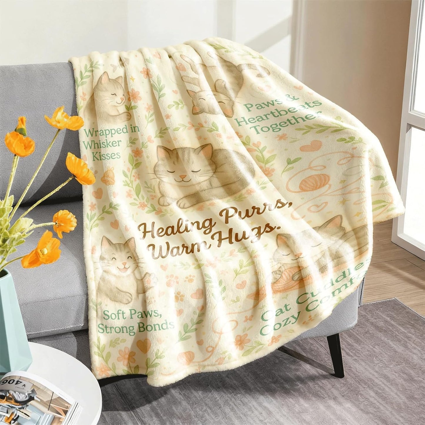 Cat Throw Blanket 50x60, Flannel Fleece Soft Cozy Pastel Watercolor Kittens, Floral Hearts Design, Lightweight Couch/Bed Cover, Gift for Cat Lovers & Women, Machine Washable