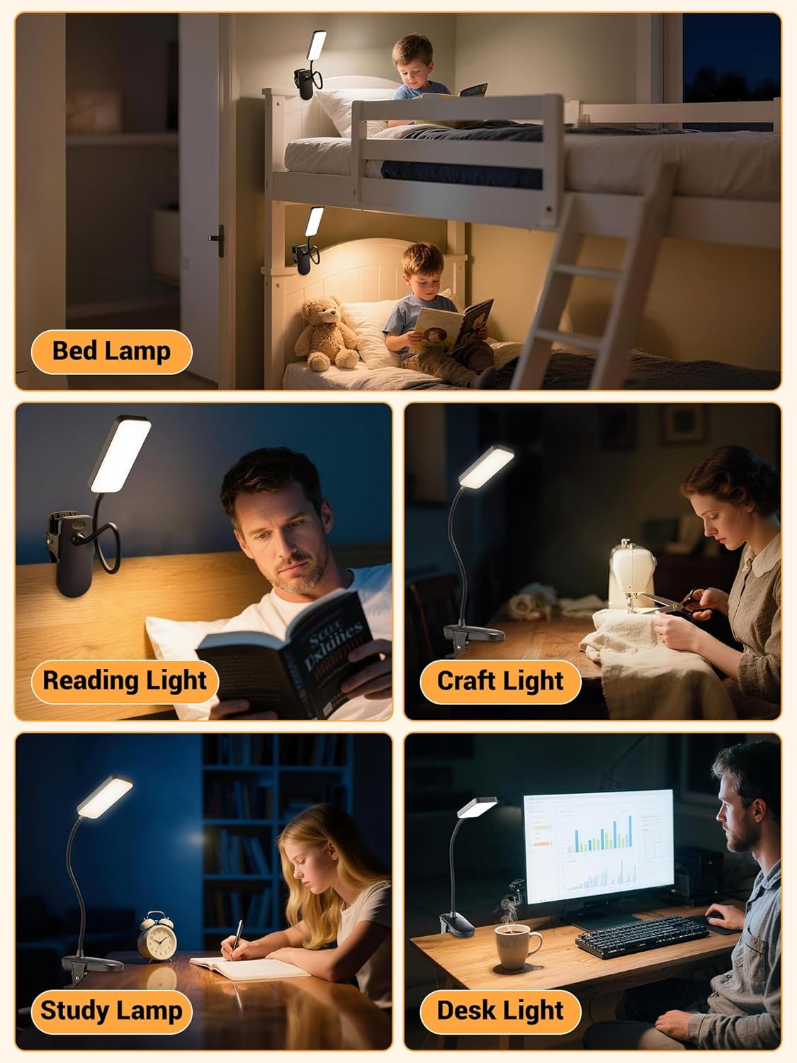 Clip on Light,9 Brightness+5 Color Rechargeable Desk Lamp,4000mAh Battery Operated Lights,450 Lumen 48 LED Desk Lamp with Clamp Light,Cordless Reading Lamps for Bed/Headboard/Bedside Table