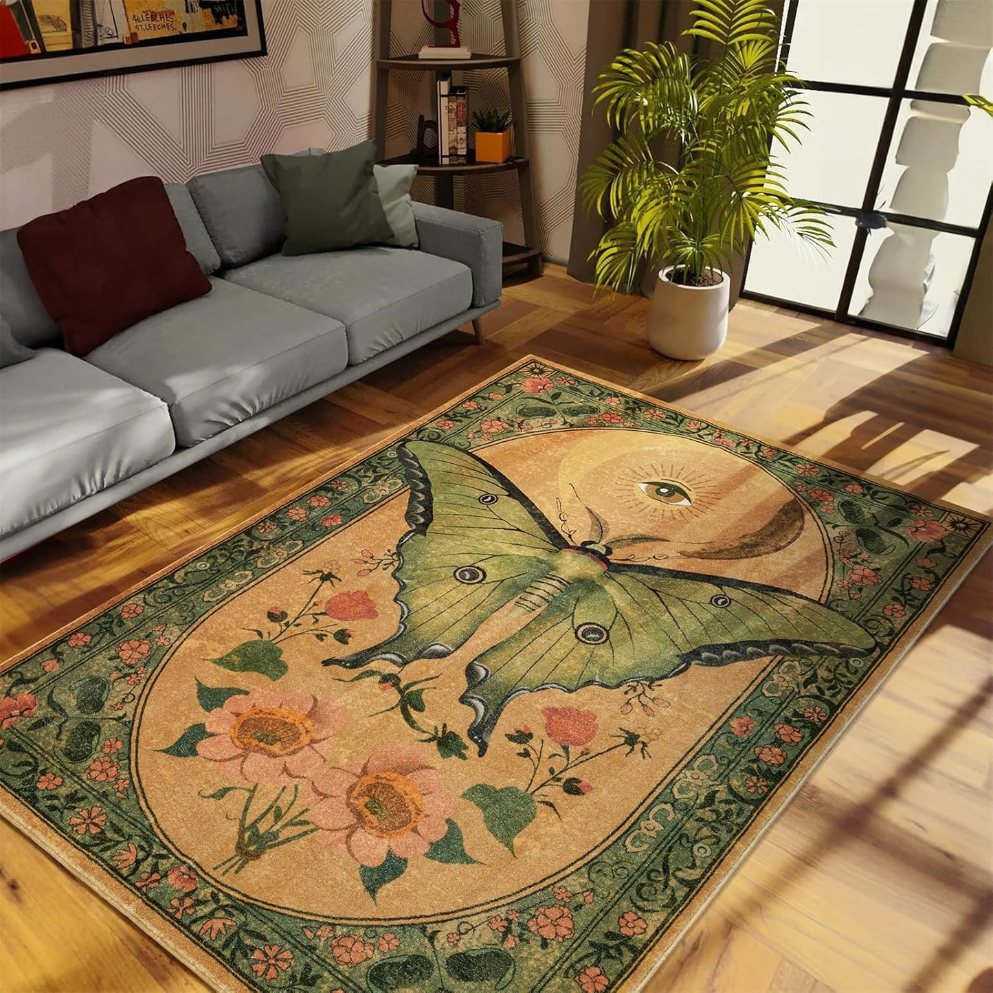 RoomTalks Country Floral Entryway Rug Non Slip Washable Luna Moth 5x7 Indoor Area Rug, Vintage Abstract Cute Aesthetic Cottagecore Accent Rug Carpet for Bedroom Dining Living Room Dorm Kitchen