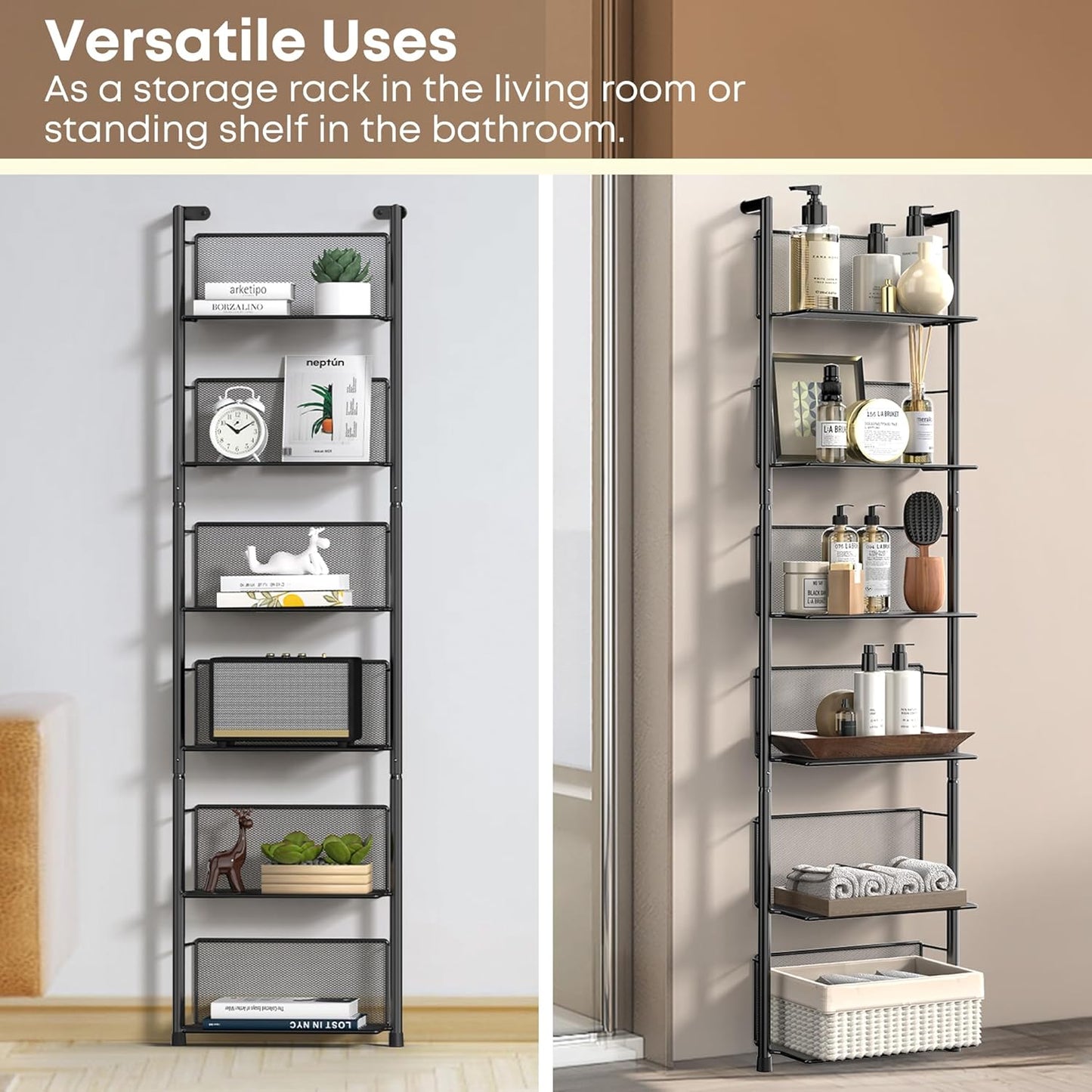 Docnest Industrial Wall-Mounted Ladder Shelf - 6-Tier Metal Bookshelf Organizer, 47.6 Inch Modern Floating Shelves for Plants, Books & Home Decor, Black Industrial Storage Shelving