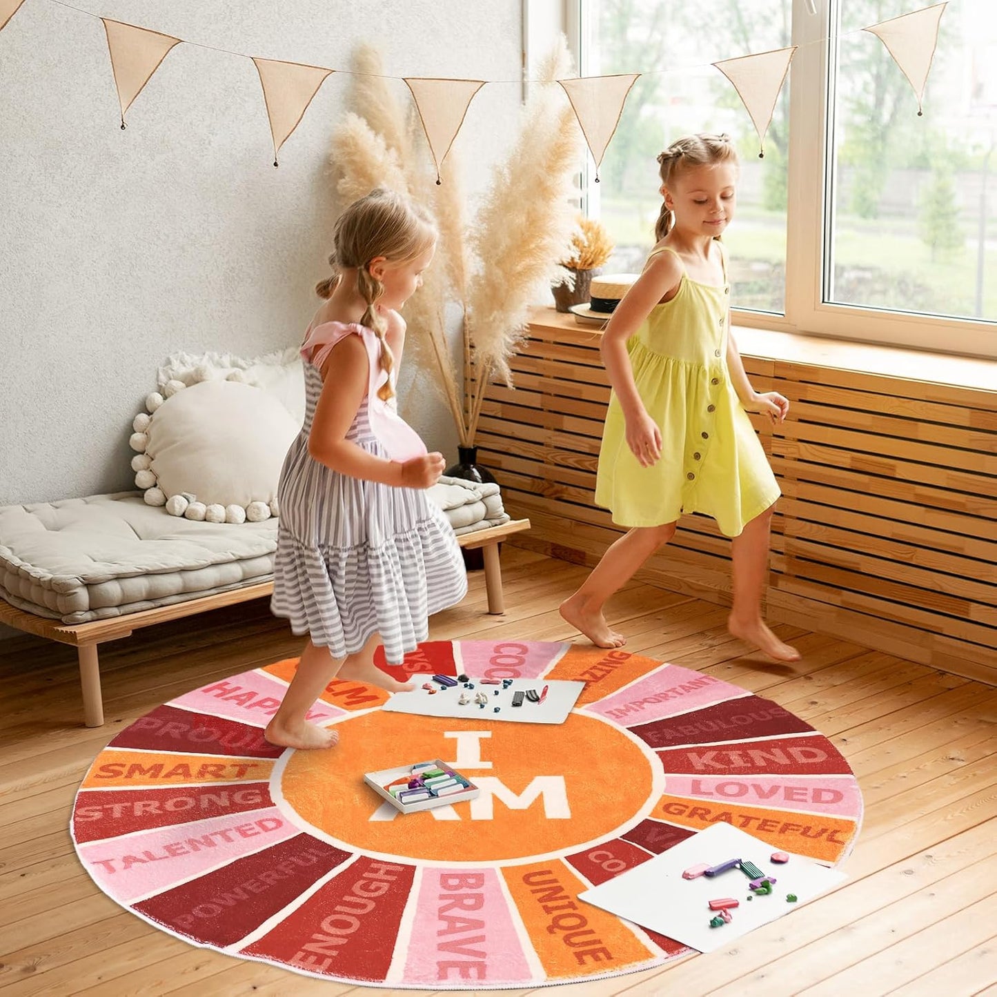 Boho Round Rug 4 Ft Retro Colorful Sun Rainbow Positive Words Area Rug Soft Motivational Carpet for Back to School Classroom Home Kindergarten Dorm Bedroom Reading Nook Playroom Decor