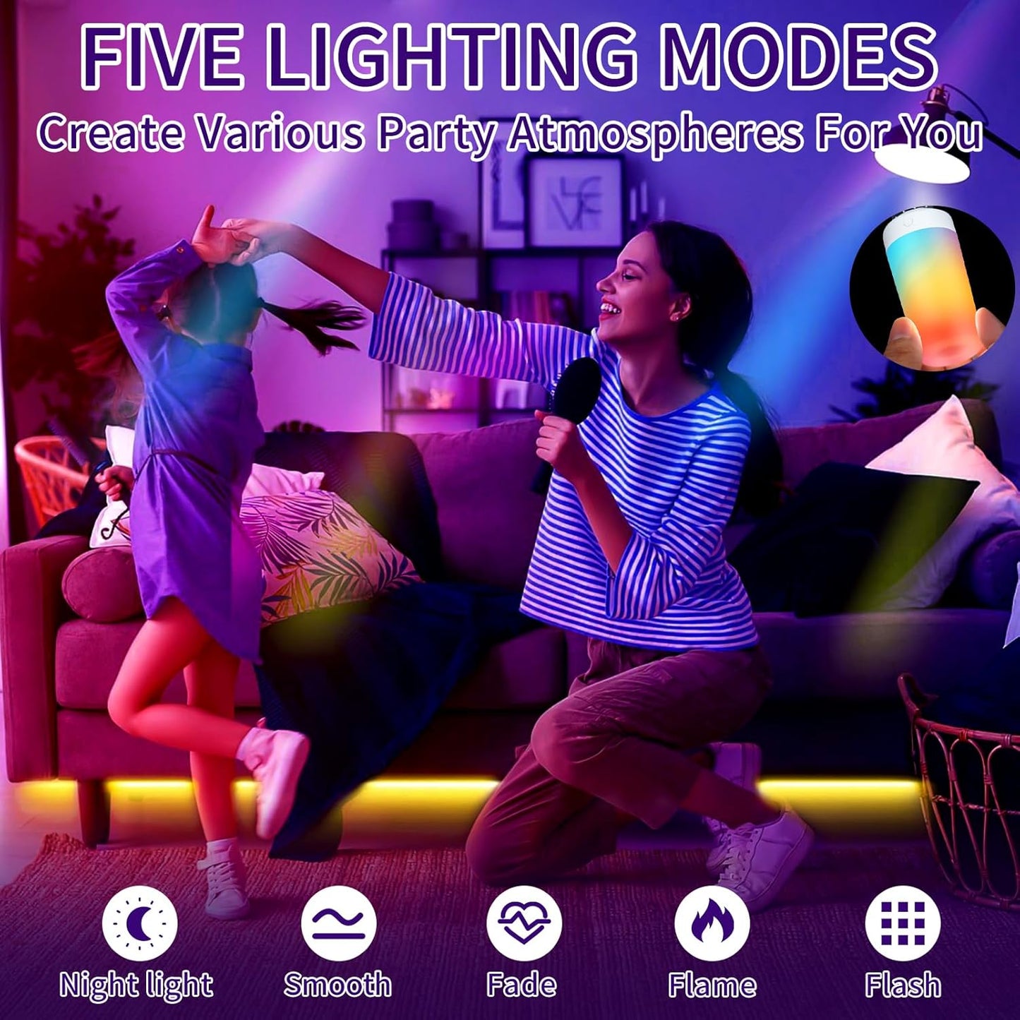 2PK Rechargeable Light Bulbs with Remote and Timer, Emergency Battery Operated Light Bulb for Lamp Sconce, Socket USB, 3 Color Temperatures + 12 RGB Colors Dimmable