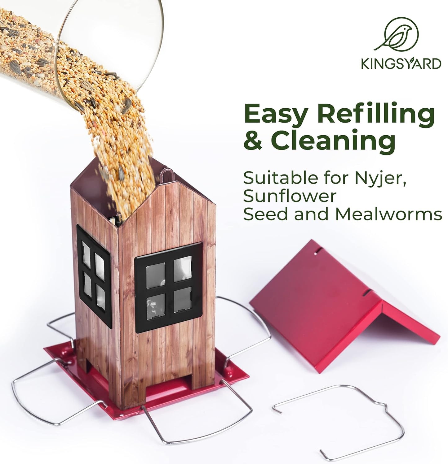 Kingsyard Cute Bird House Feeders for Outside, Hanging Metal Bird Feeder with 4 Ports, Outdoor Garden Yard Decorations for Cardinals Finches Chickadees Goldfinches & Sparrows Birds Watching