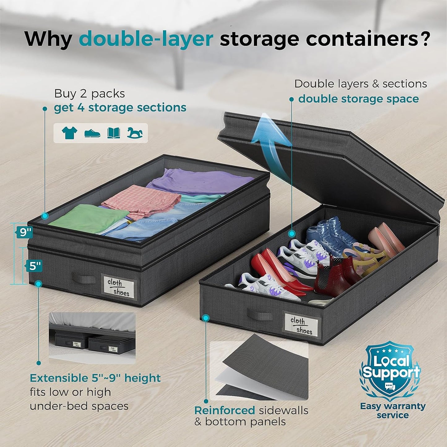 【4 compartments】2 Pack Under Bed Storage, Double Layer Extensible Underbed Storage Containers,Dust-free Clothes Storage Bins with Sturdy Sidewalls/Bottom,PVC Clear Window for Shoes Storage Organizer
