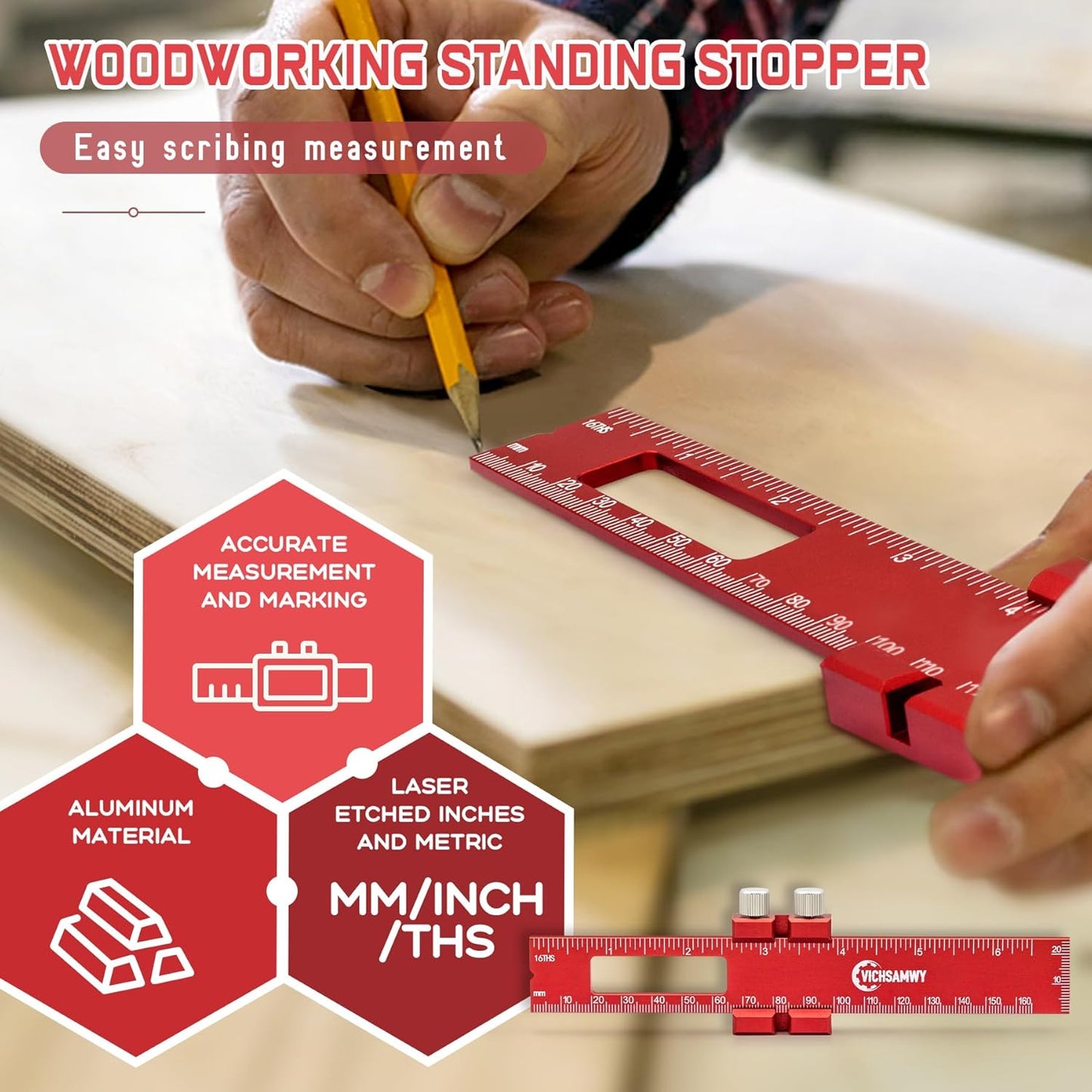 Precision Metal Slide Stop Scribing Ruler - 12, 8 & 6 Inch, Adjustable Measuring & Marking for Woodworking