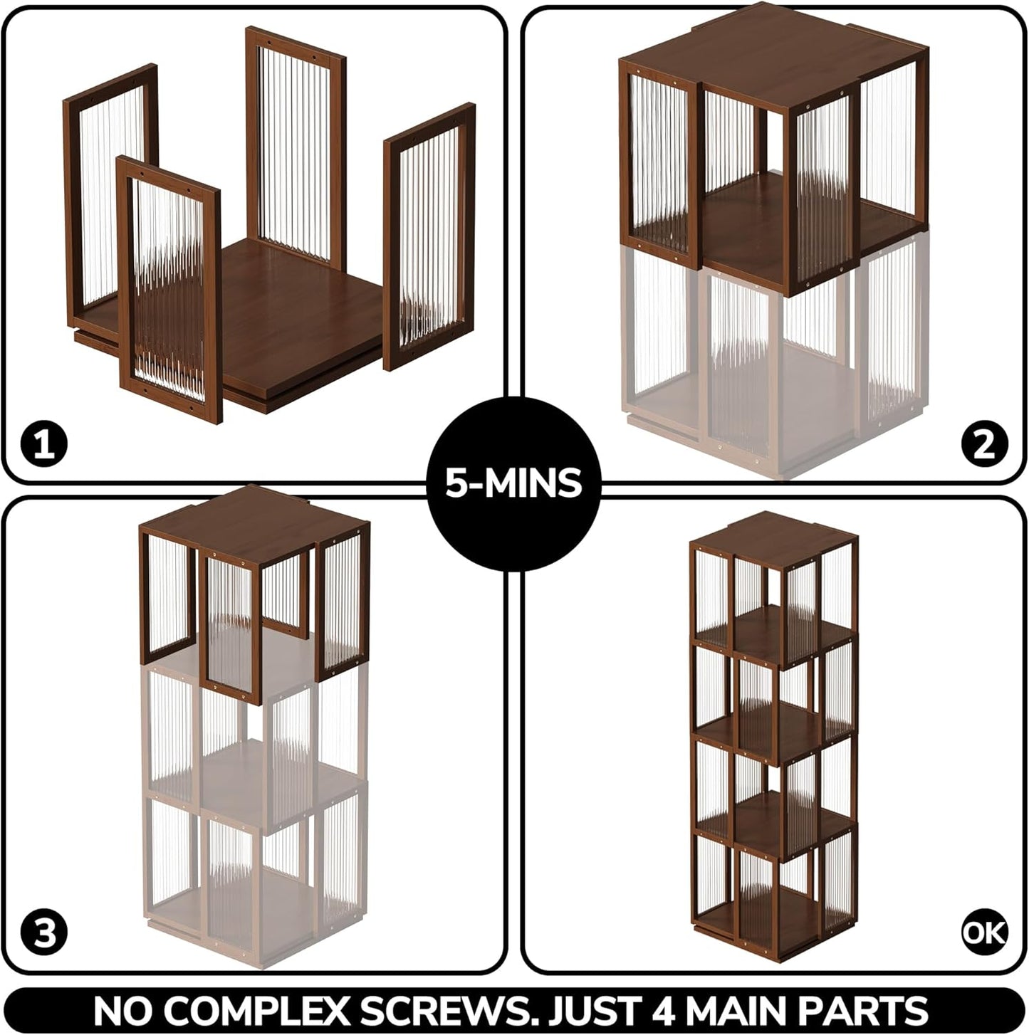 BAMEOS Rotating Bookshelf Tower 4 Tier, 360 Spinning Bookcase with Solid Wood Frame & Bamboo Finish, 4-Component Easy Assembly Corner Book Shelf for Small Spaces, Office, Bedroom, Living Room