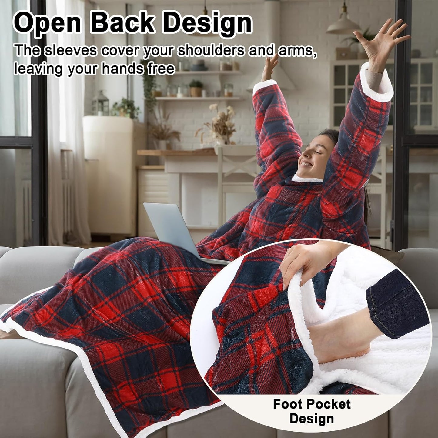 Tuanse Wearable Electric Blanket with Foot Pocket 70" x 50" Soft Flannel Heated Wrap with Sleeves, 8 Heating Levels & 1 to 12 Hours Auto Shut Off, Machine Washable, Black and Red Checkered Patter