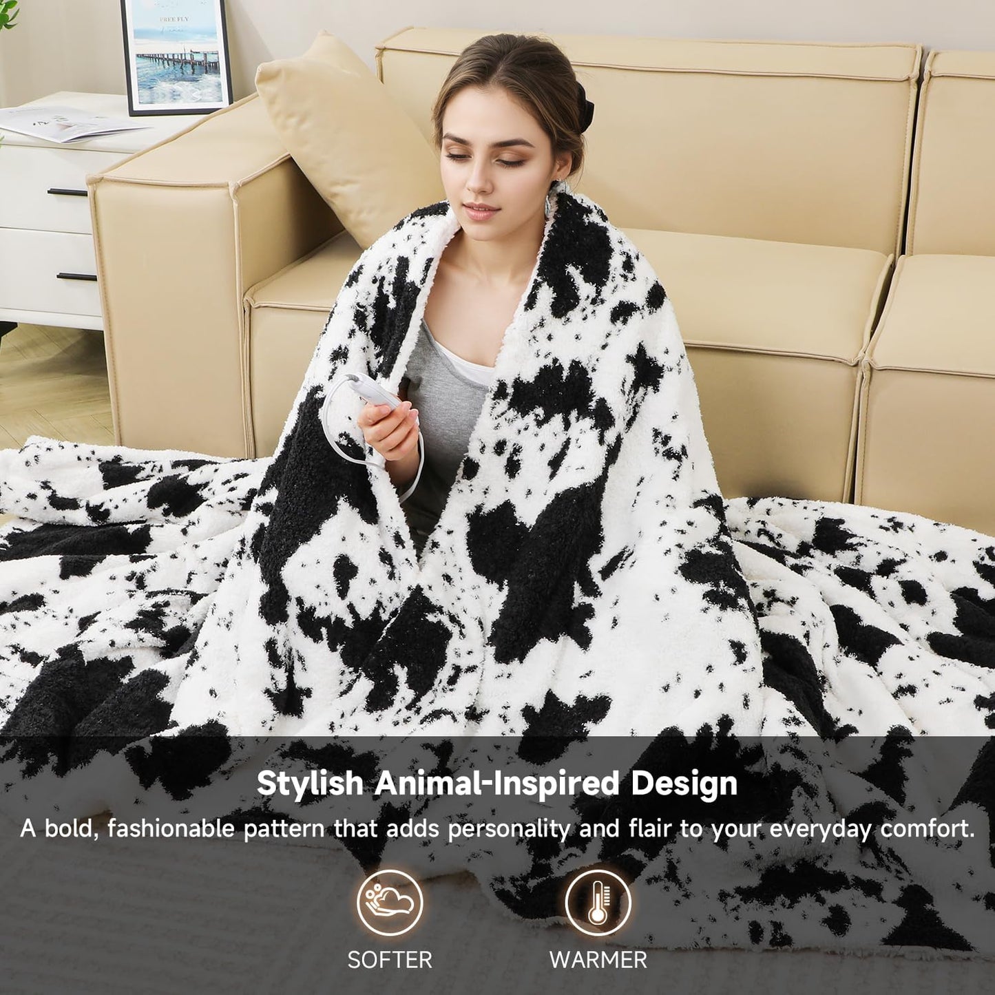 Cow Print Electric Blanket - Full Size Cozy Soft Knitted Sherpa Heated Blanket with 4 Heat Levels & 10 Hours Auto-Off, Overheating Protection, Warm Gifts, 72"x84"